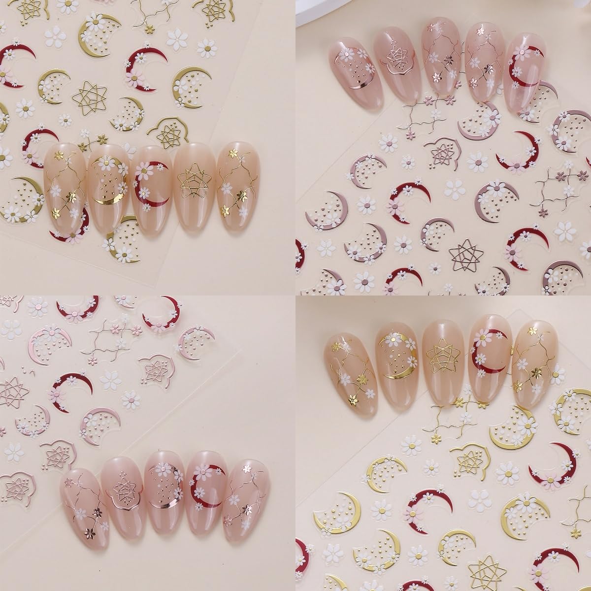 6 Sheets Daisy Moon Nail Art Stickers Flower Nail Stickers White Flower Nail Decals Cute Daisy Nails Supplies Gold Rose Gold Moon Daises Nail Design for Spring Summer DIY Nail Decorations Accessories