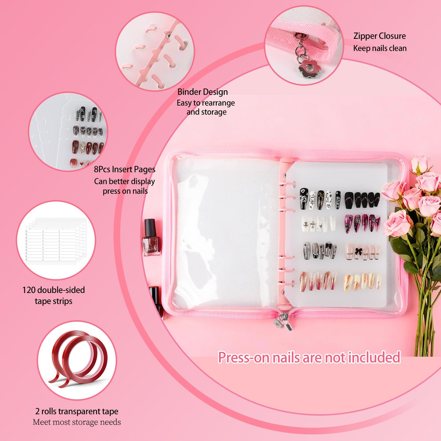 ASTONFOG Press on Nail Organizer Binder Book, 8 A5-Sized Insert Pages & Double Sized Tape, Press on Nails Display Storage Book, Reusable Fake Nail Swatch Collecting Book (Pink)
