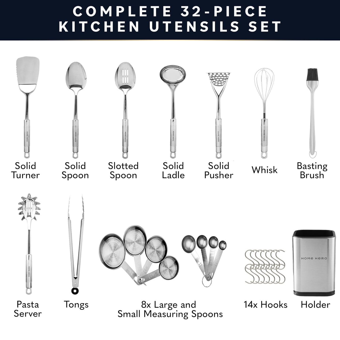 Home Hero 32-Piece Stainless Steel Kitchen Utensil Set - Heat-Resistant Nonstick Silicone Tools - Durable Stainless Steel Cooking Tools - Measuring Cups & Spoons with Holder - 32 Pc, Silver