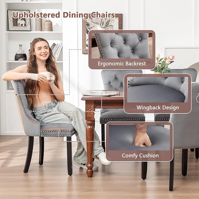 Velvet Dining Chairs Set of 2, Tufted Dining Room Chairs with Nailhead Ring Pull Trim, Upholstered Dining Chairs with Solid Wood Legs for Kitchen Dining Room, Sillas De Comedor (Grey)