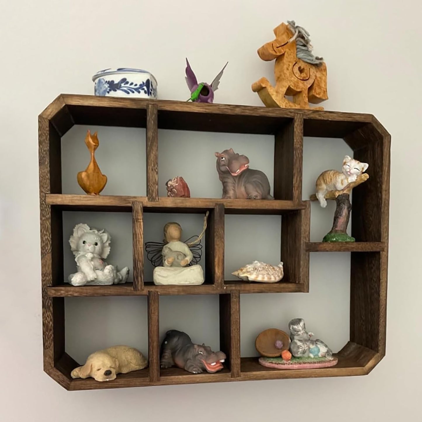 Frcctre Rustic Shadow Box Display Shelf, 9 Compartments Wood Hanging Display Floating Shelves, Multi-Slot Wall Mounted or Freestanding Farmhouse Decor Displays Case