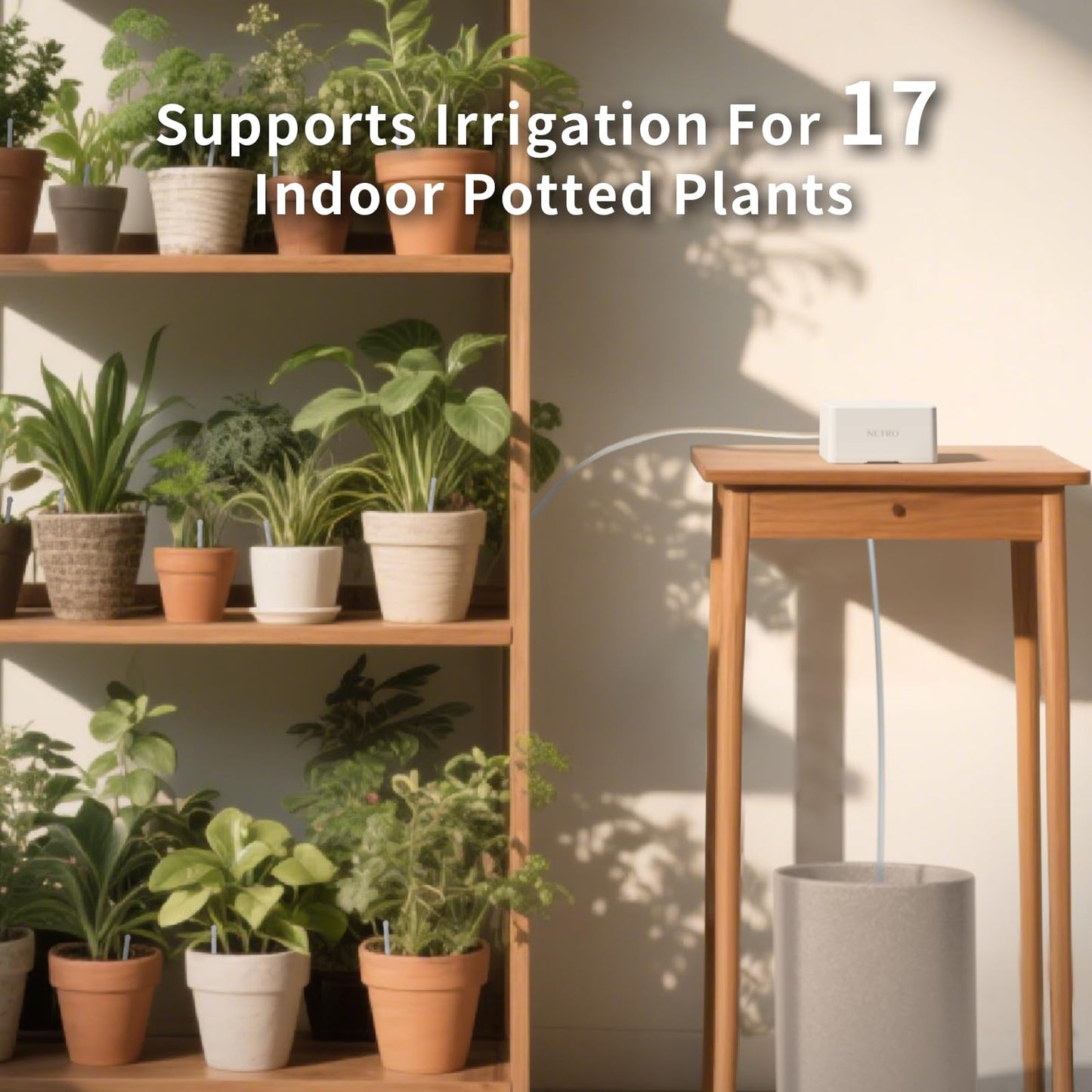 Netro Smart Indoor Drip Irrigation Watering System 2.4G WiFi APP Control Rechargeable Automatic Plant Waterer Kits with 15M Platic Pipe 2 Zones Outlet Plant Watering Device for 17 Plant Pots