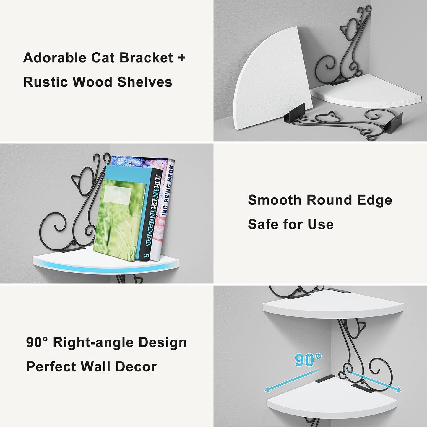 Alsonerbay Floating Corner Wood Shelves, 4 Tier Wall Mounted Rustic Storage Shelf, Cat Shaped Shelving for Wall, Solid Wooden Decor for Living Room, Bedroom, Kitchen, Bathroom, Office White