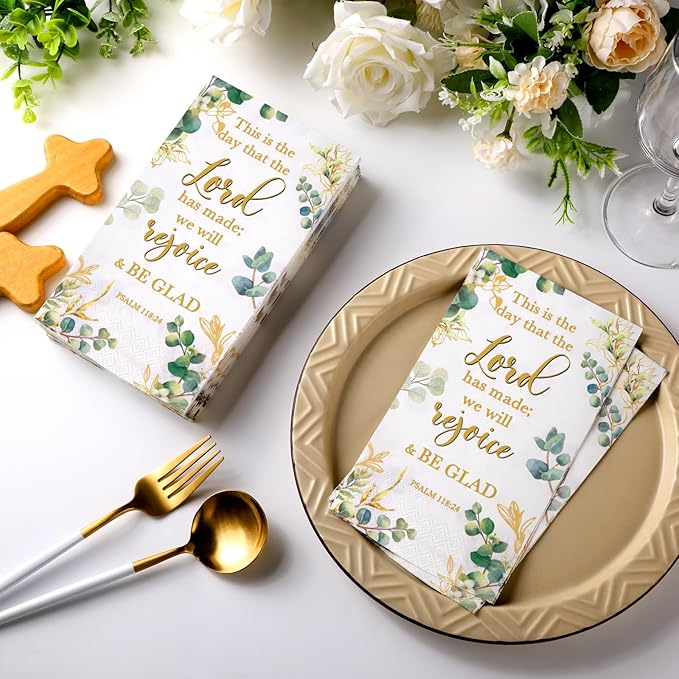 Karenhi 200 Pcs Religious Decorative Disposable Napkins 2 Ply Christian Disposable Hand Towels for Bathroom Bible Verse Paper Napkins Baptism Paper Towel for Wedding(Eucalyptus)