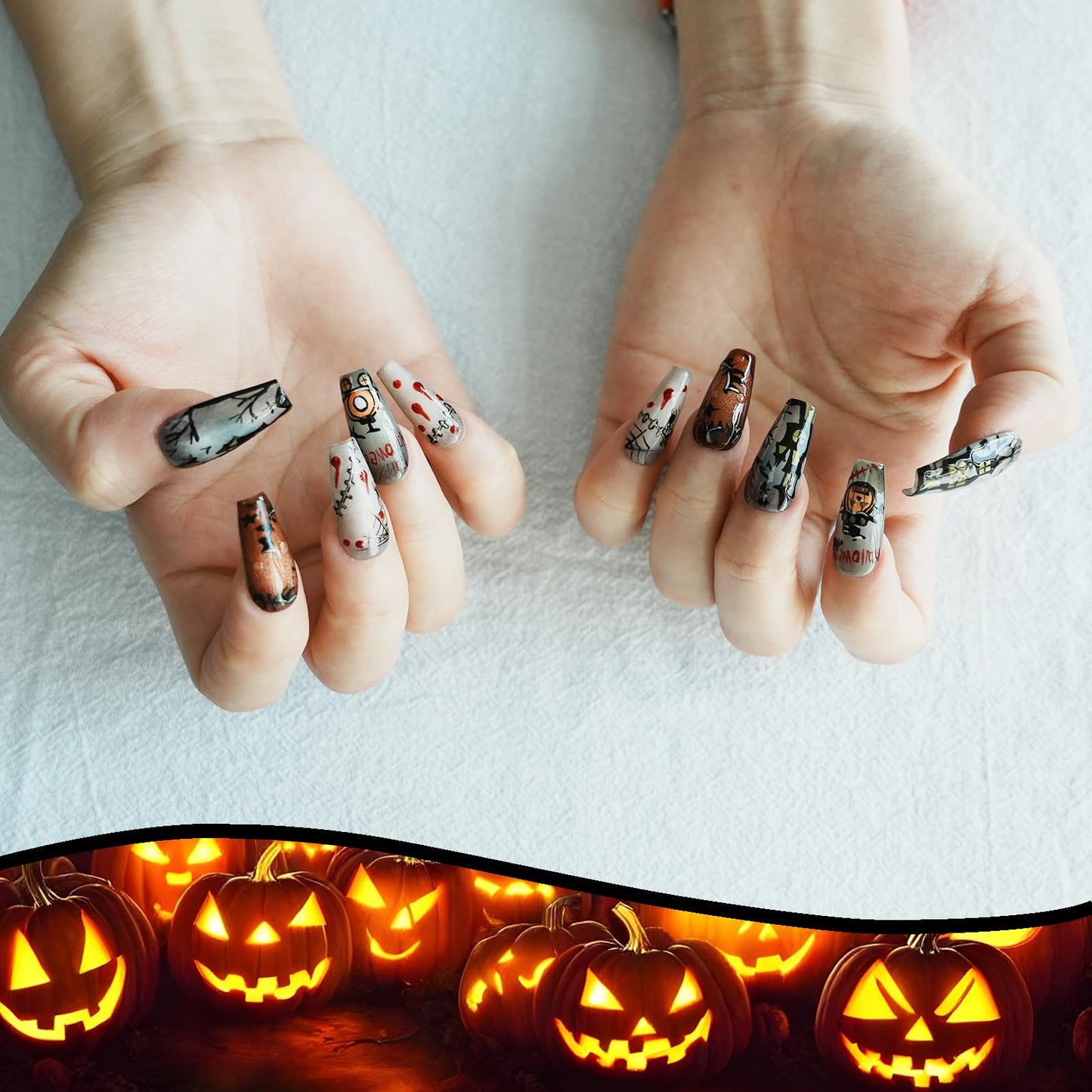 Tesytto Handmade Press on Nails Long Coffin - Cartoon Story with Horror Design for Parties, Halloween (Halloween House Story,S)