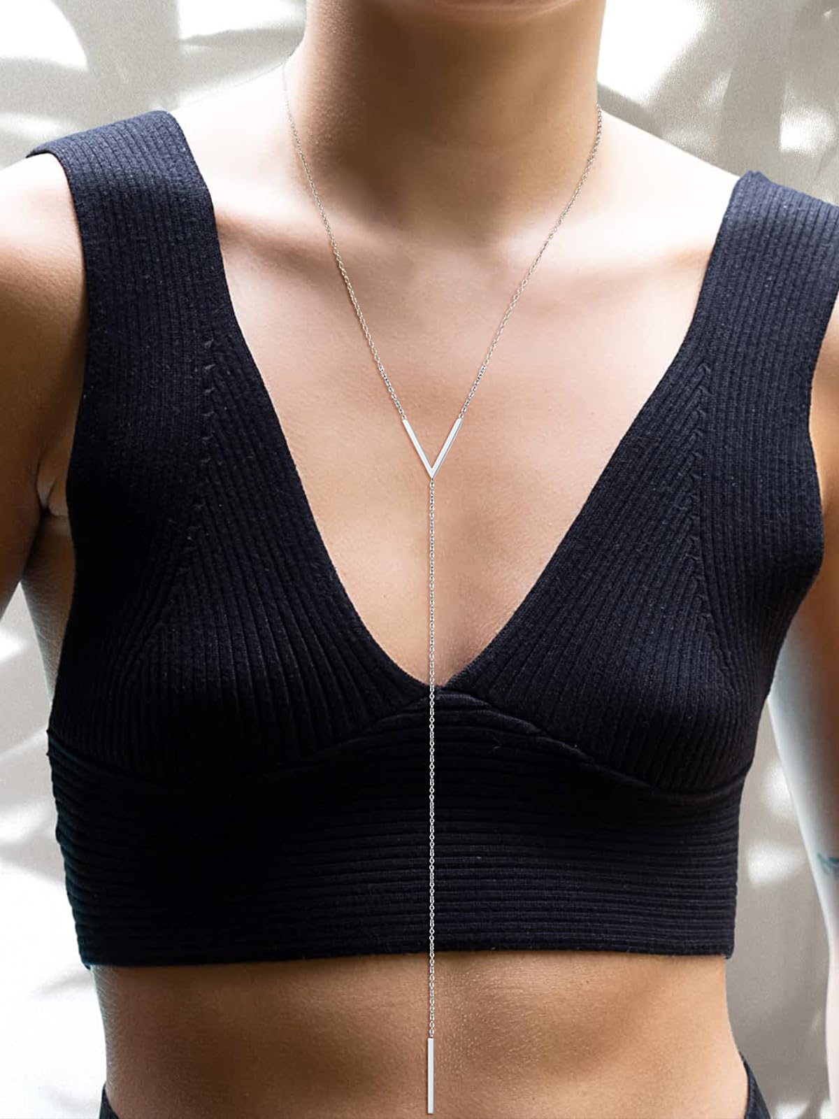 FOCALOOK Silver Bar Pendant Long Y Dangle Necklace Hypoallergenic Stainless Steel Statement Minimalist Drop Bar Long Chain Necklaces for Women