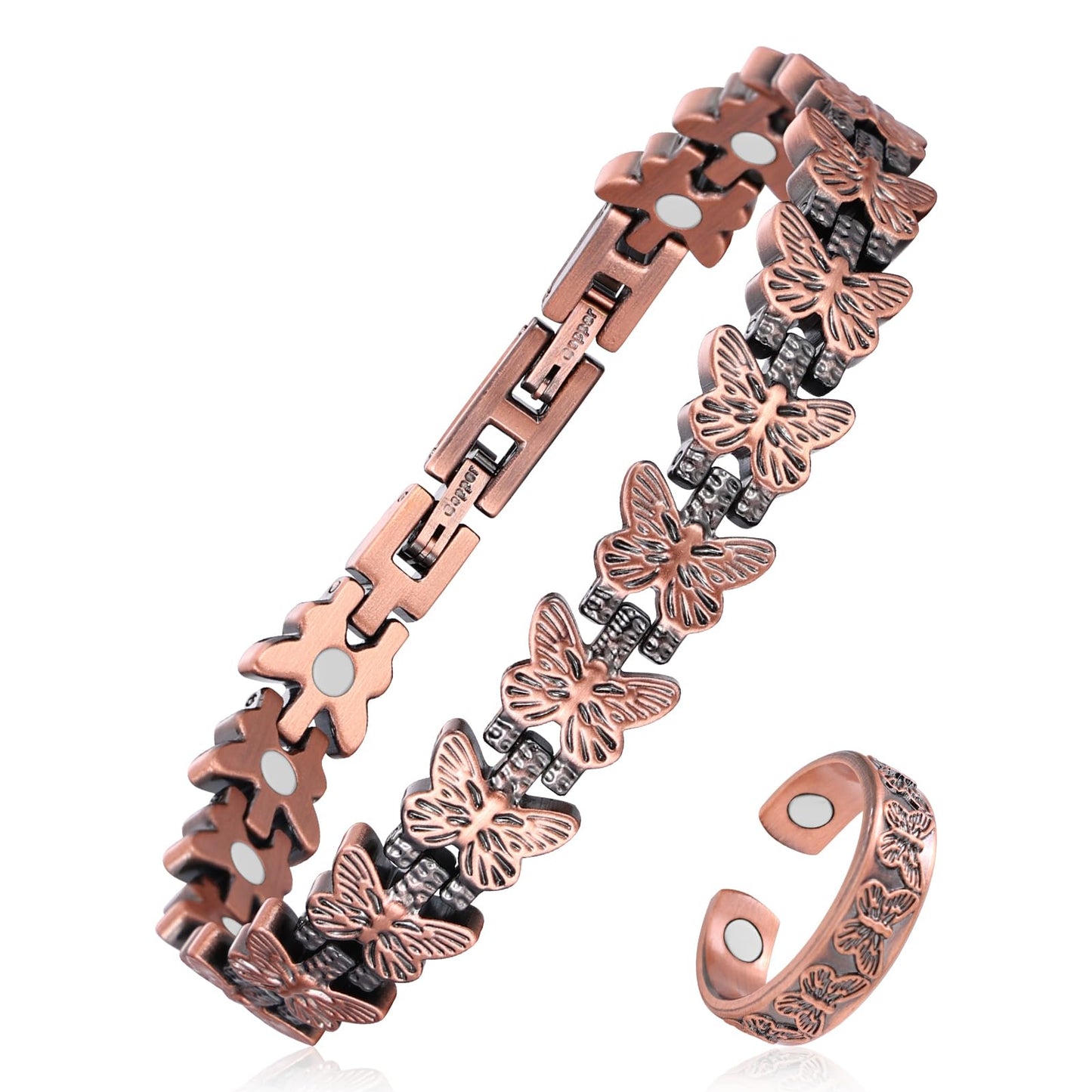 Fashtour Copper Bracelet and Ring Set for Women, 99.99% Pure Copper Magnetic Bracelet with Butterfly Design & Matching Adjustable Butterfly Ring – 3800 Gauss Magnets, Includes Sizing Tool & Gift Box