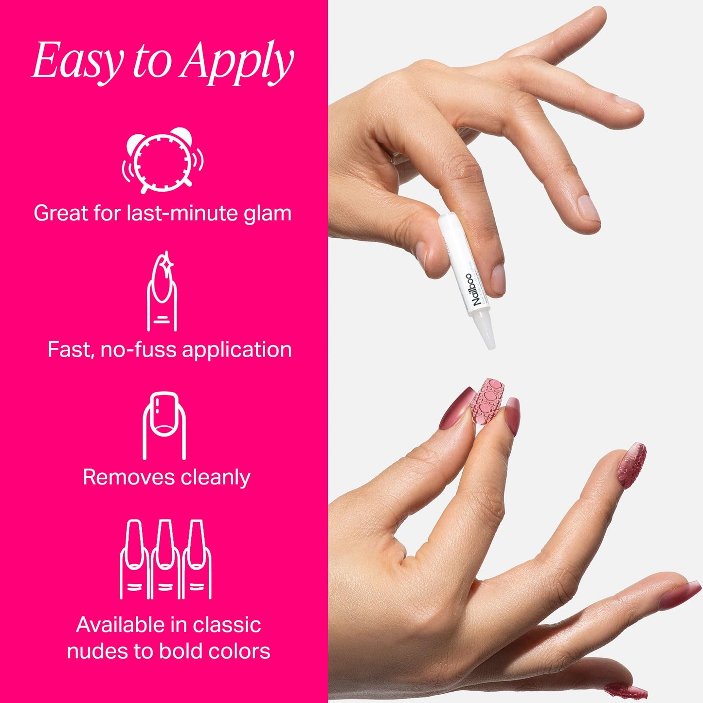 Nailboo Press On Nails, Salon-Quality Reusable Fake Nails for Fast DIY Manicure with Strong Hold Nail Glue for Press Ons, Nail File, & Alcohol Prep Pads, Wine Time
