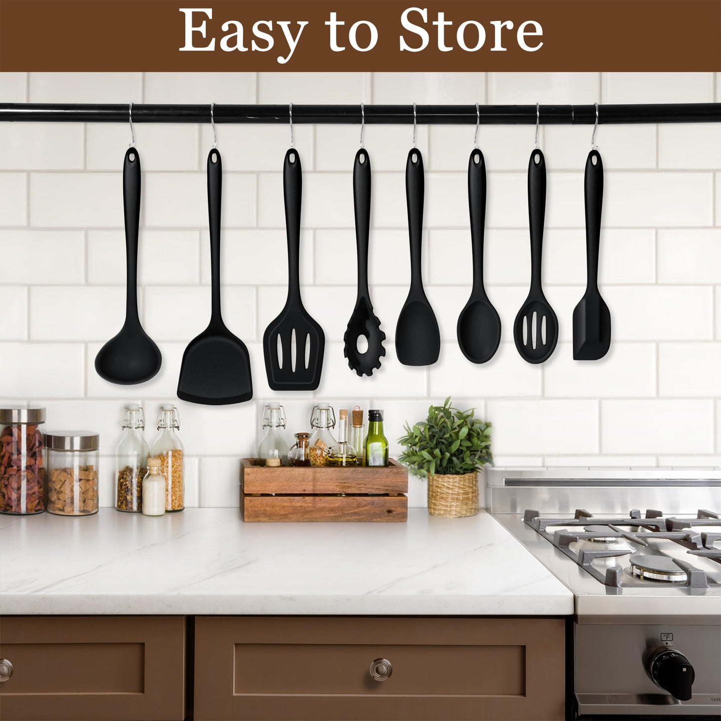 LIANYU 8Pcs Cooking Utensils Set, Heat Resistant Kitchen Utensils, Silicone Utensils Spatula Set for Nonstick Cookware with Spatula, Ladle, Turner, Spoon, Dishwasher Safe, Black