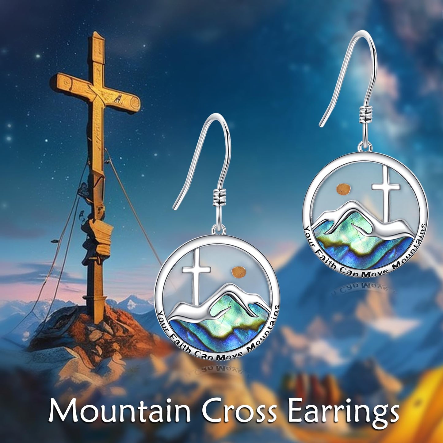 AOBOCO Mustard Seed Cross Earrings 925 Sterling Silver Mountain Dangle Hook Earring Christian Jewelry Gifts for Women(Round Mountain Cross Hooks)