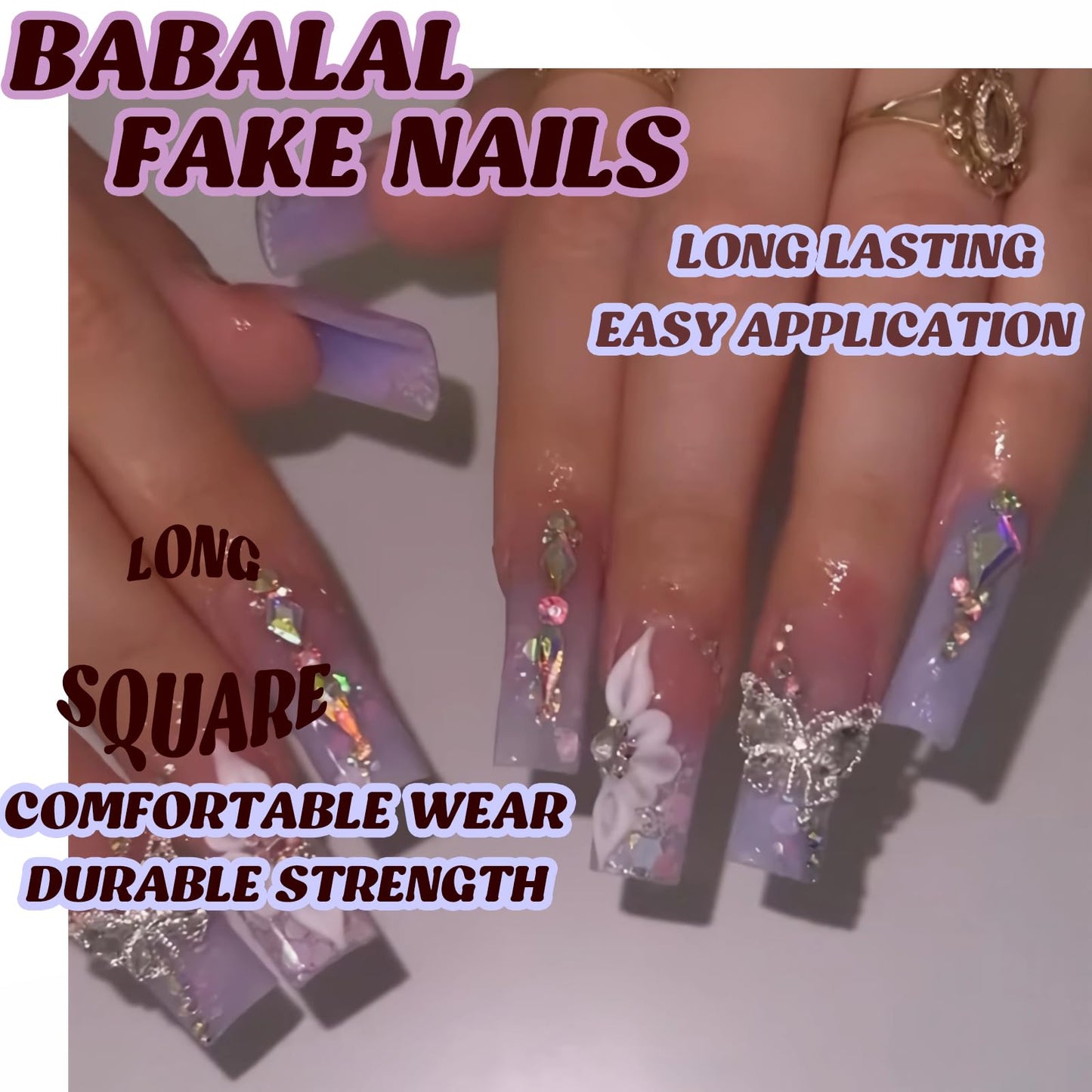 BABALAL Purple Press on Nails Medium Square Fake Nails Butterfly Design Glue on Acrylic Nails 3D Flower Charm 24Pcs Bling Luxury Full Cover