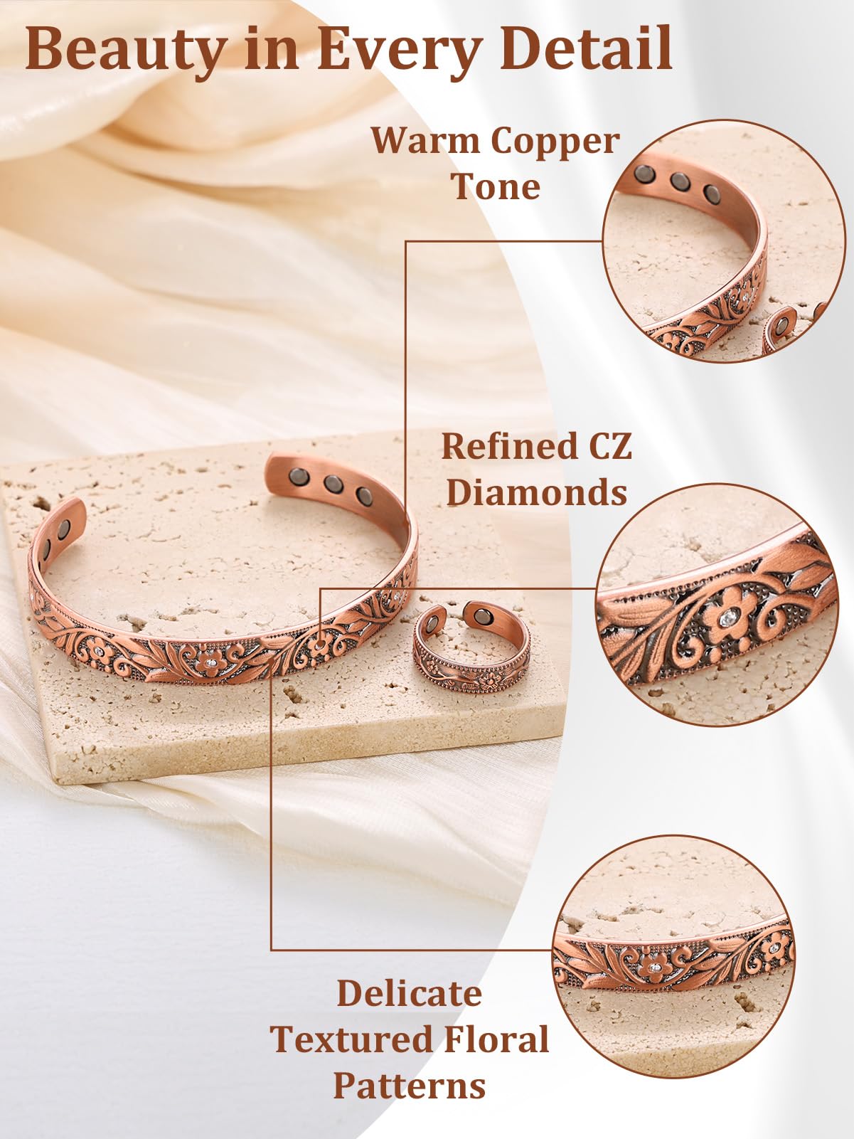 BioMag Copper Bracelet & Ring for Women, 99.99% Pure Copper Magnetic Bracelet Lymphatic Drainage Rings with 3500 Gauss Magnets, Adjustable & Flower Pattern (Copper-D)