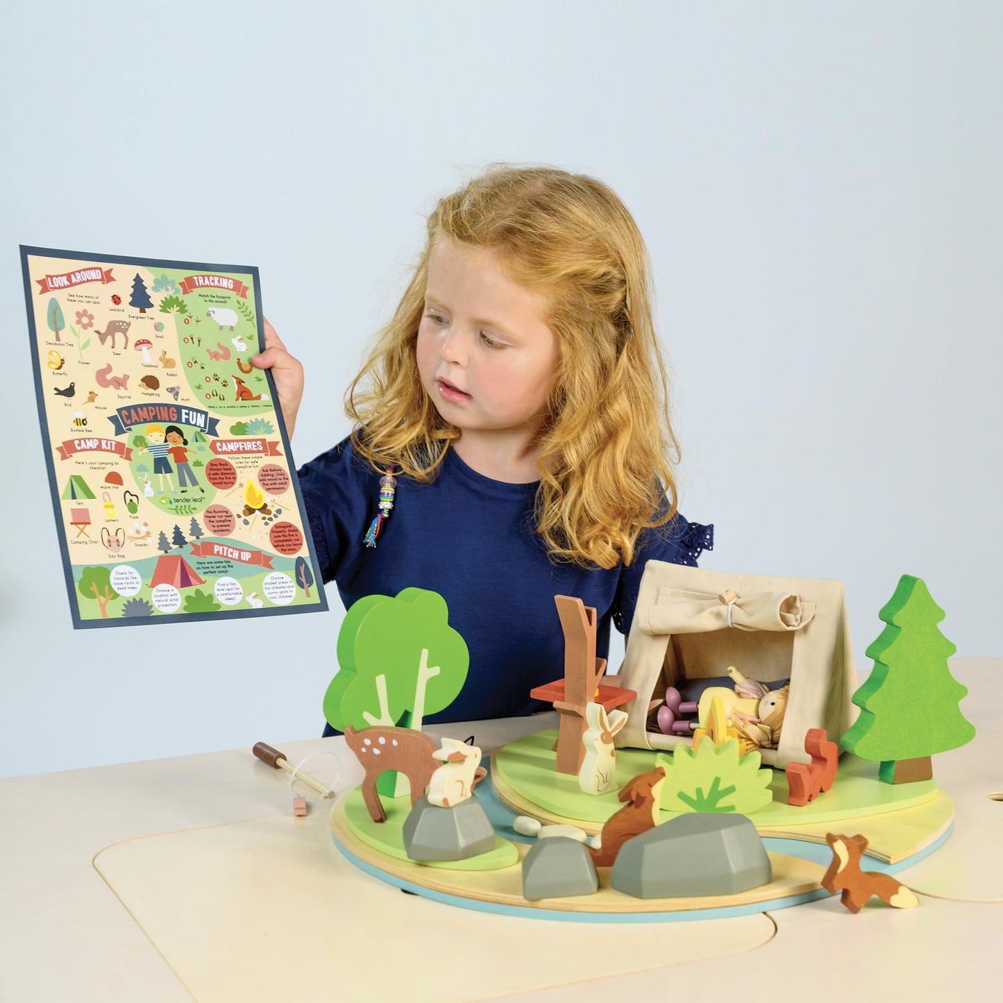 Tender Leaf Toys - Wildlife Camping Playset - Wooden Doll Sized Camping Set with Tent, Campfire, Fishing Rod & Accessories - Imaginative Play Set - Develop Storytelling & Fine Motor Skills - Age 3+