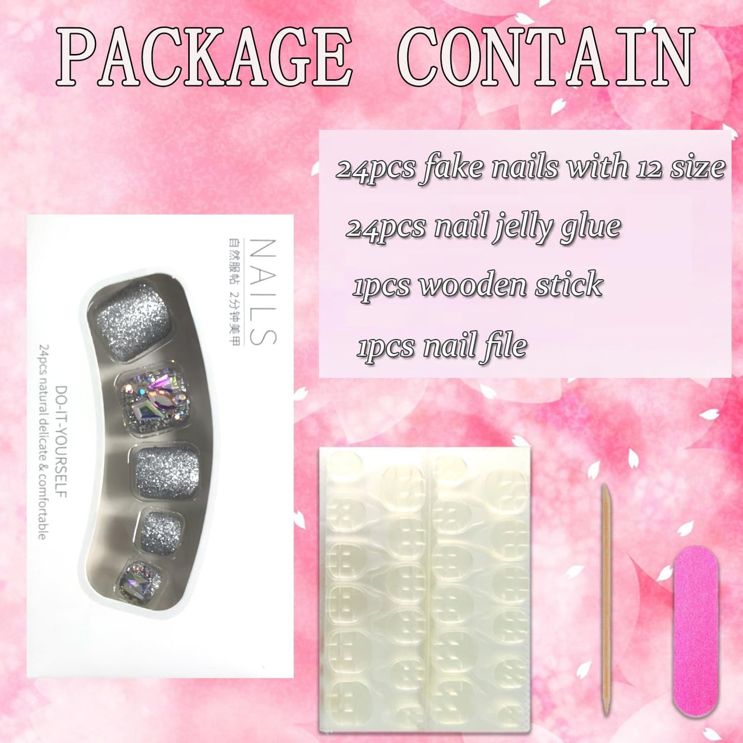FIEONCIY 24pcs Press-on Square Acrylic False Nails Set with Glue, Charms & Designs for Women's Spring/Summer Toe Nails
