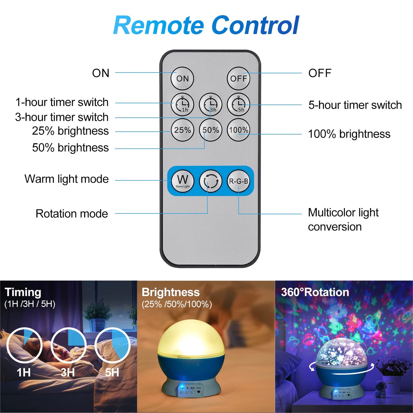 Christmas Baby Night Lights with Remote Control,Moon Projector 360 Degree Rotation - 4 LED Bulbs 8 Color Changing Light, Romantic Night Lighting Blue