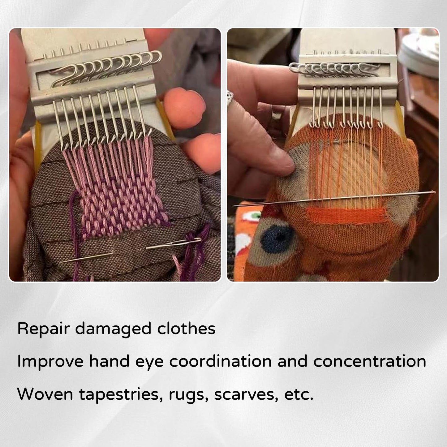 Knit Patch Patchmaker 2.0 Kit,Mini Darning Loom with 14 Hooks Small Weaving Loom 14 PCS Large Eye Needles & 50 Color Threads Weaving Repair Tool Darning Kit for Beginners Repair Jeans, Socks (1)