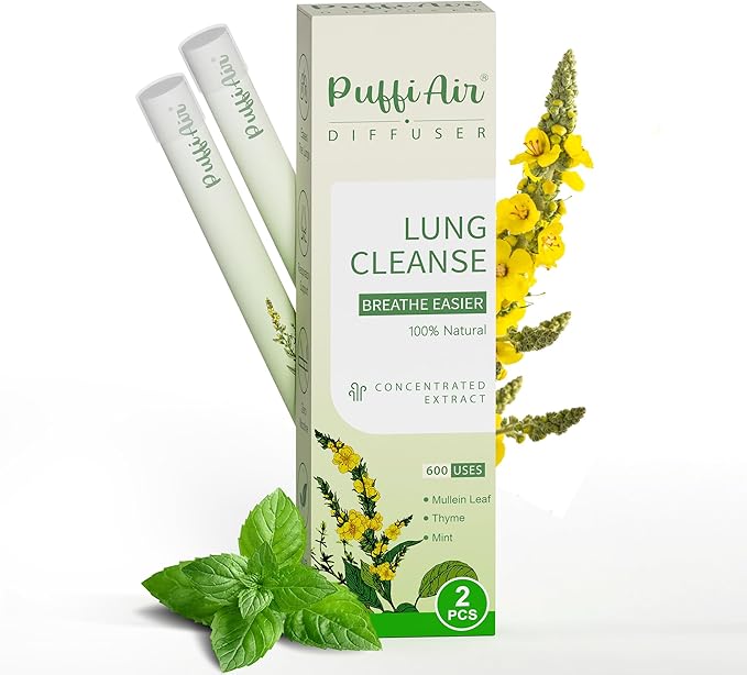 Herbal Diffuser Upgraded with Extracts of Mullein, Thyme and Mint for Cleansing Lungs, Improving Breathing and Oral Air Freshening - 2 Sticks 1Pack