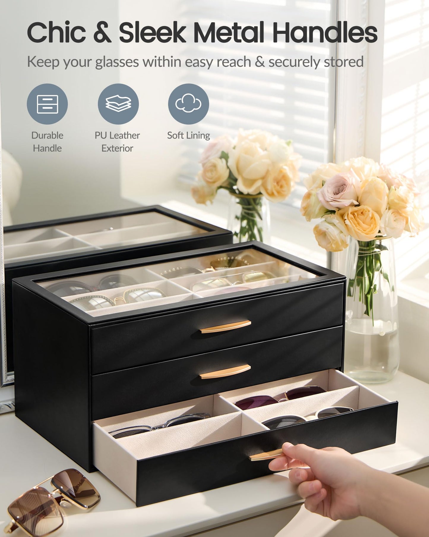 Lolalet 18 Slots Women’s Sunglasses Organizer with Enlarged Compartment, 3-Layer Eyewear Storage Box with Drawer, Glasses Case Display Holder with Clear Top Lid for Eyeglass Collection -Black
