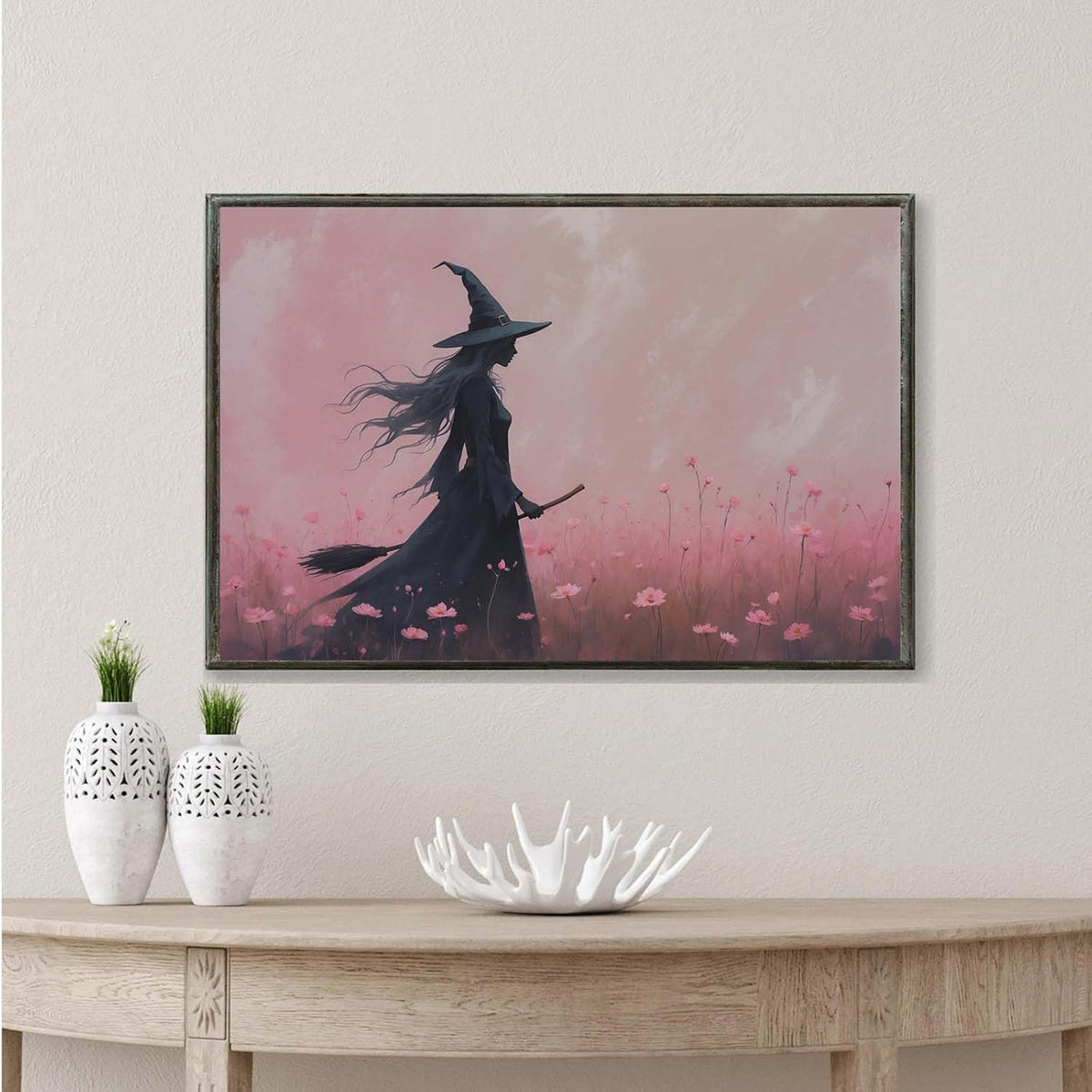 JFHCQJPK Witch in the pink sea of flowers Halloween prints weird flowers wall art silhouette painting fashionable romantic decoration suitable for bedroom12x16in Metal blackFramed