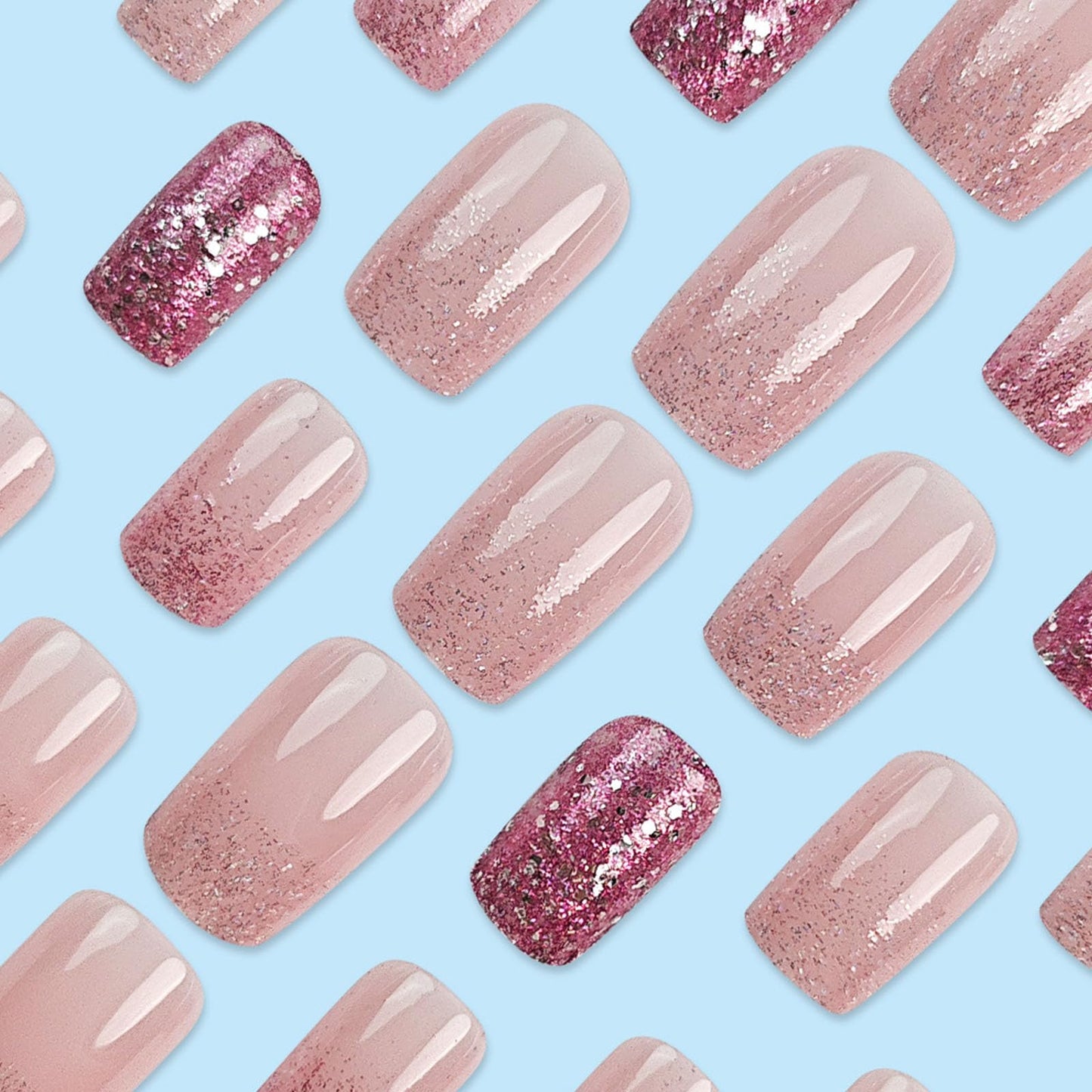 French Tip Press on Nails Short Square Purple Glitter Ombre Fake Nails Press ons Glossy Acrylic Glitter Gradient Glue-on Nails for Women 24 Pcs