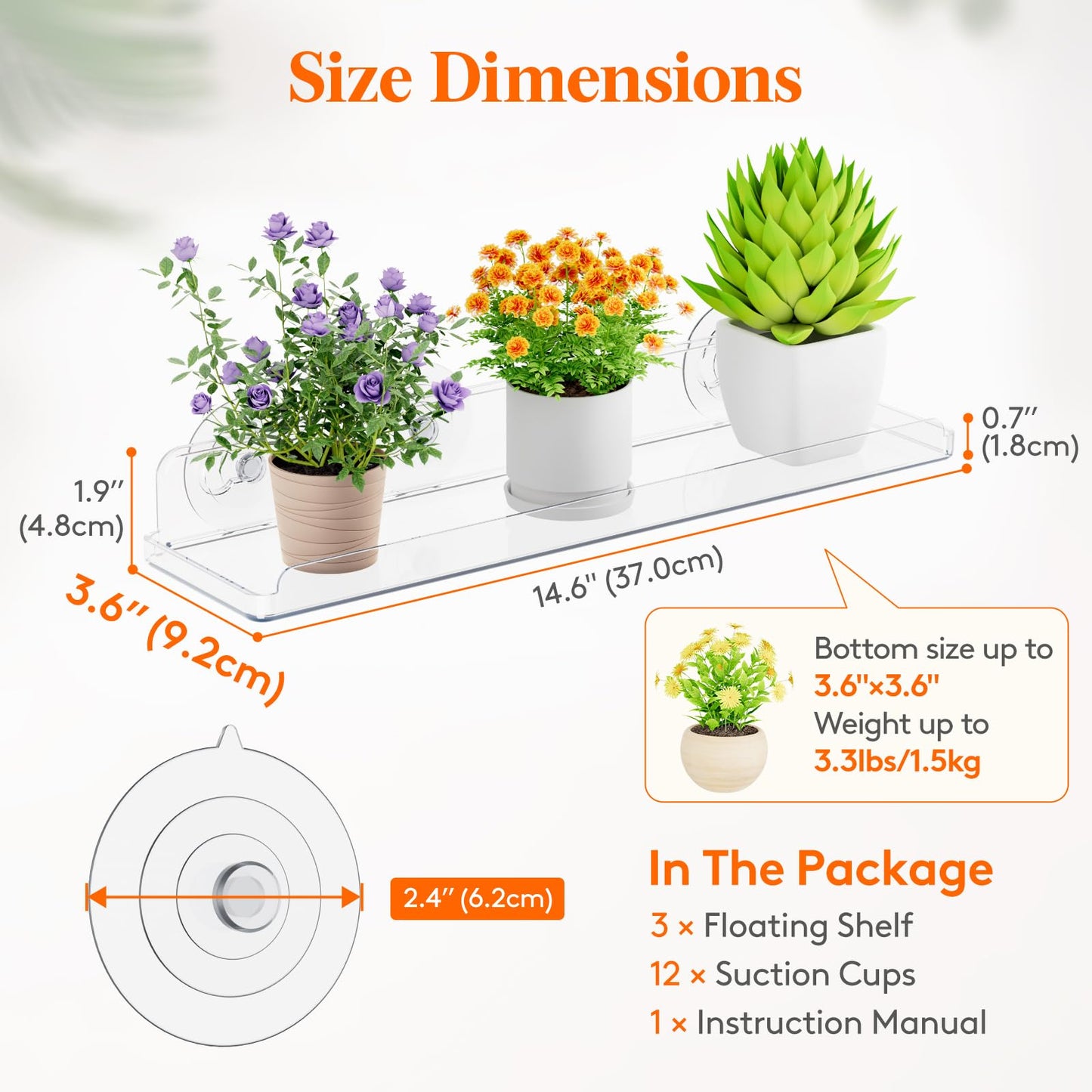 Lifewit Window Plant Floating Shelves 14.6x3.6, 4 Pack Acrylic Suction Cup Shelf, Window Sill Extender for Indoor Succulent Plants, Micro Greens, Seed Starter Pots, Herb Planters 37 x 9 cm/14.6x3.6