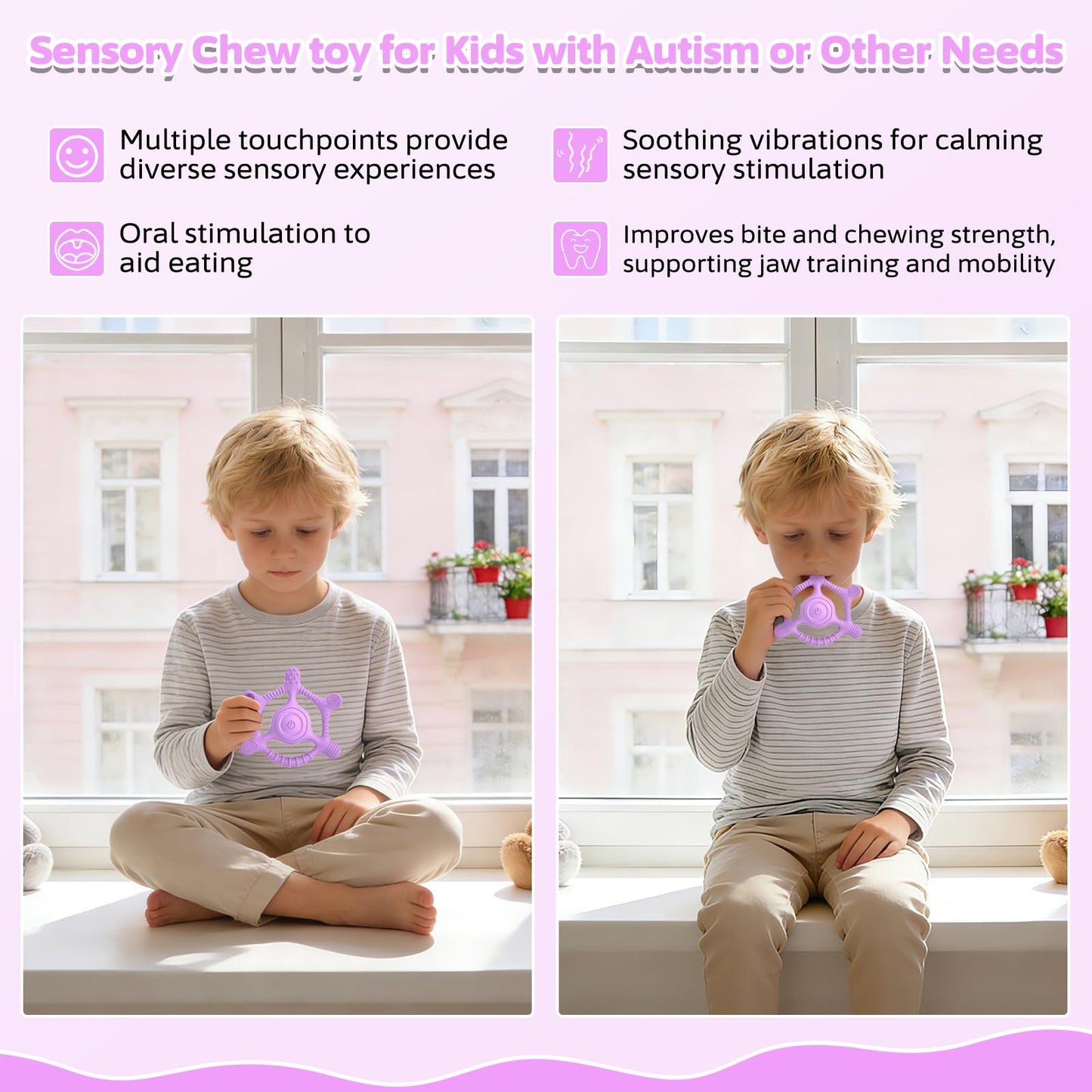 Vibrating Teether for Baby, Sensory Toys for Kids with Autism & Teething Relief for Babies 6-18 Months, USB Chargeable with 3 Vibration Settings, Autism Sensory Products (Purple)