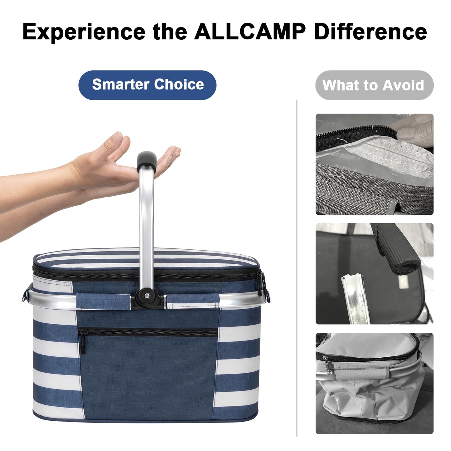 ALLCAMP Picnic Basket - Insulated Cooler, Thickening Foldable Picnic Basket with Removable Baskets & Sewn-in Frame, Basket for House Warming Gifts New Home(Blue White)