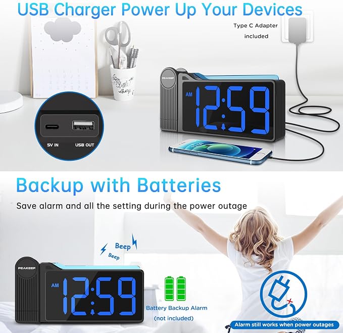 Peakeep Projection Alarm Clock for Bedroom Ceiling with Colorful Nightlight