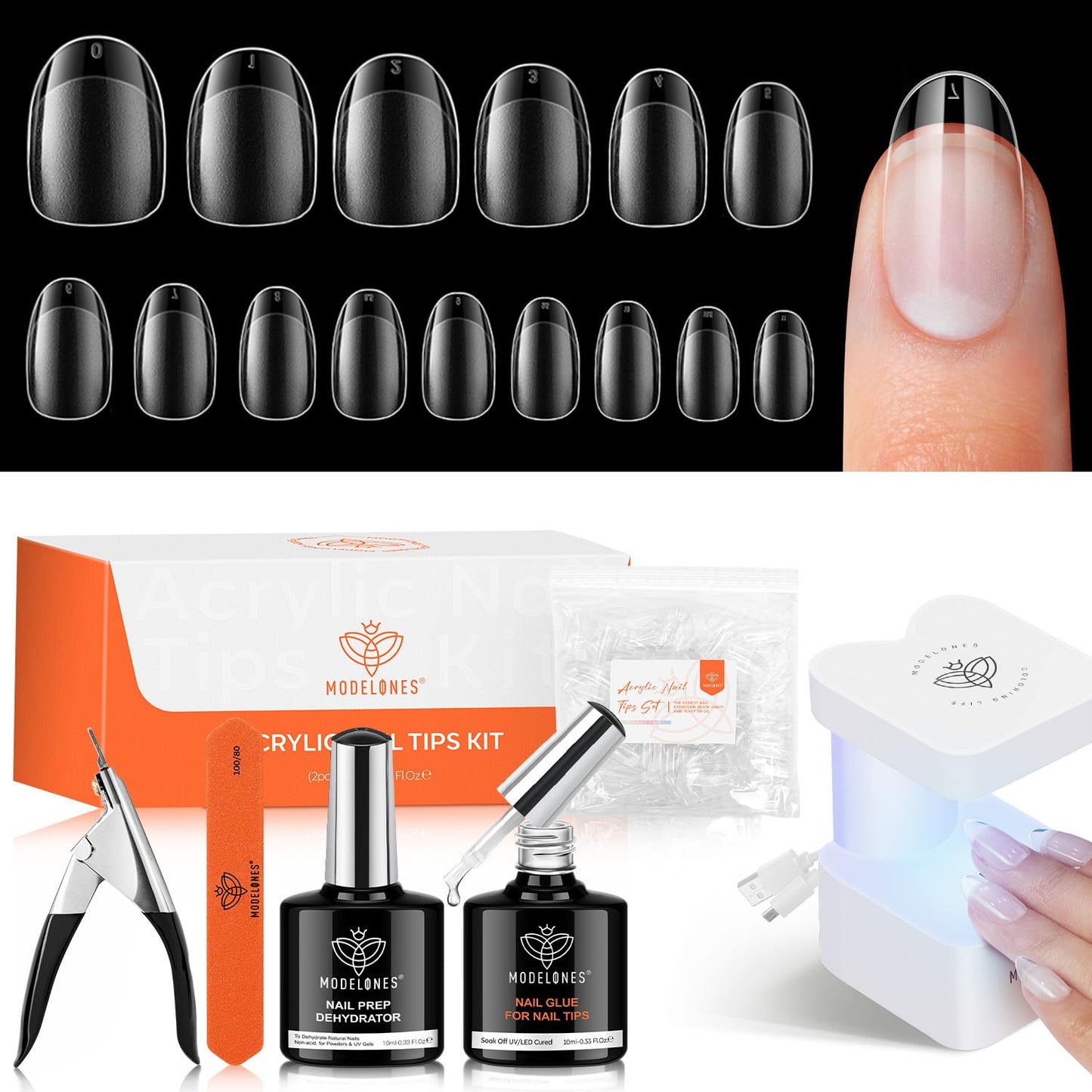 modelones X Nail Gel Kit Extra Short Oval Round, 510Pcs Fake Nails 15Sizes, 9-in-One Glue Prep Dehydrator & Mini U V Light Clipper, Pre-shaped Half Matte Press on Oval Tips for Extension DIY Salon