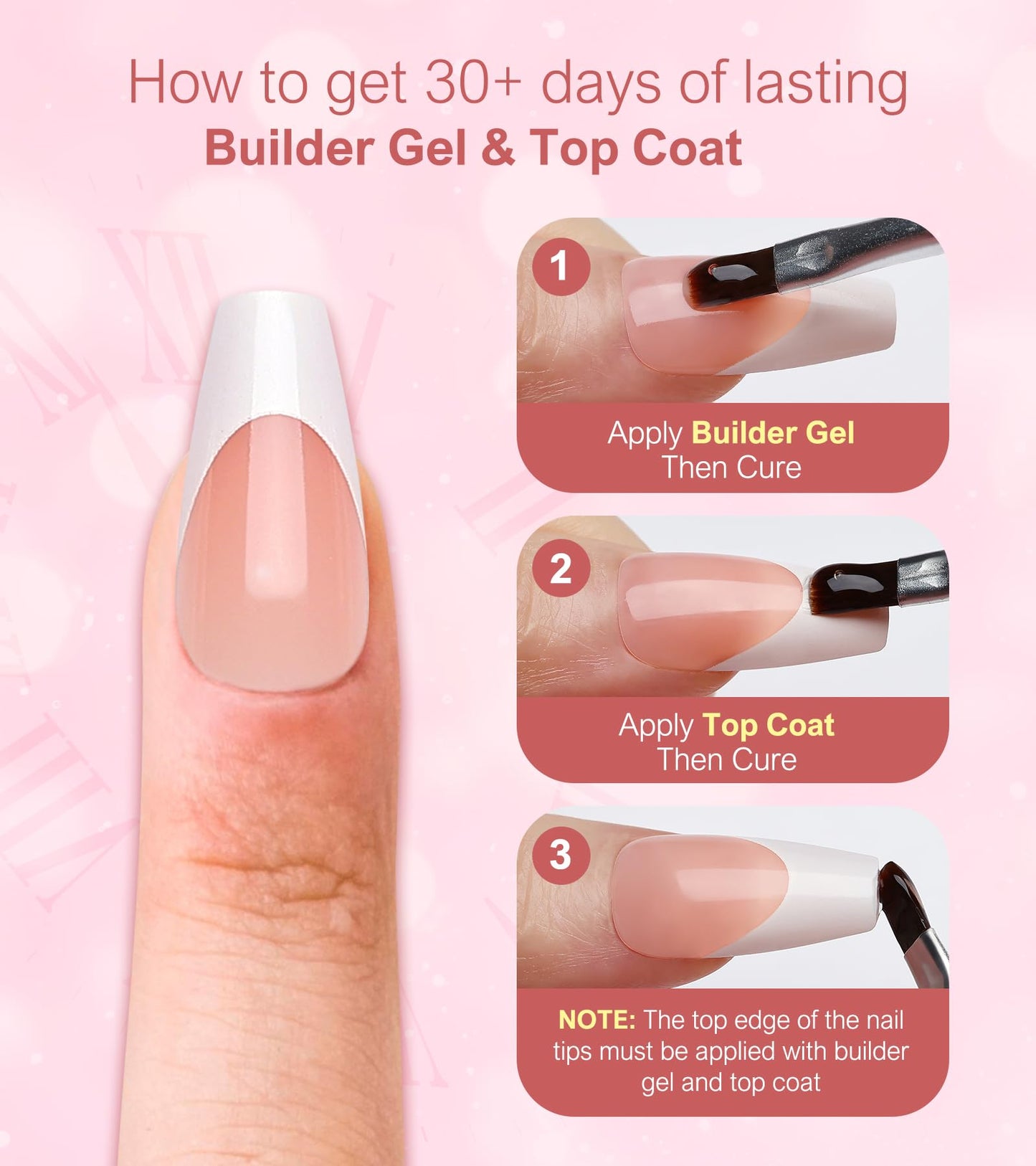 Morily Light Pink White French Tip Press on Nails, 30Pcs Long Coffin Thicker Fake Nails Reusable False Nails with Design, Glossy Acrylic Stick on Nails for Women, 15 Sizes, Include Glass File
