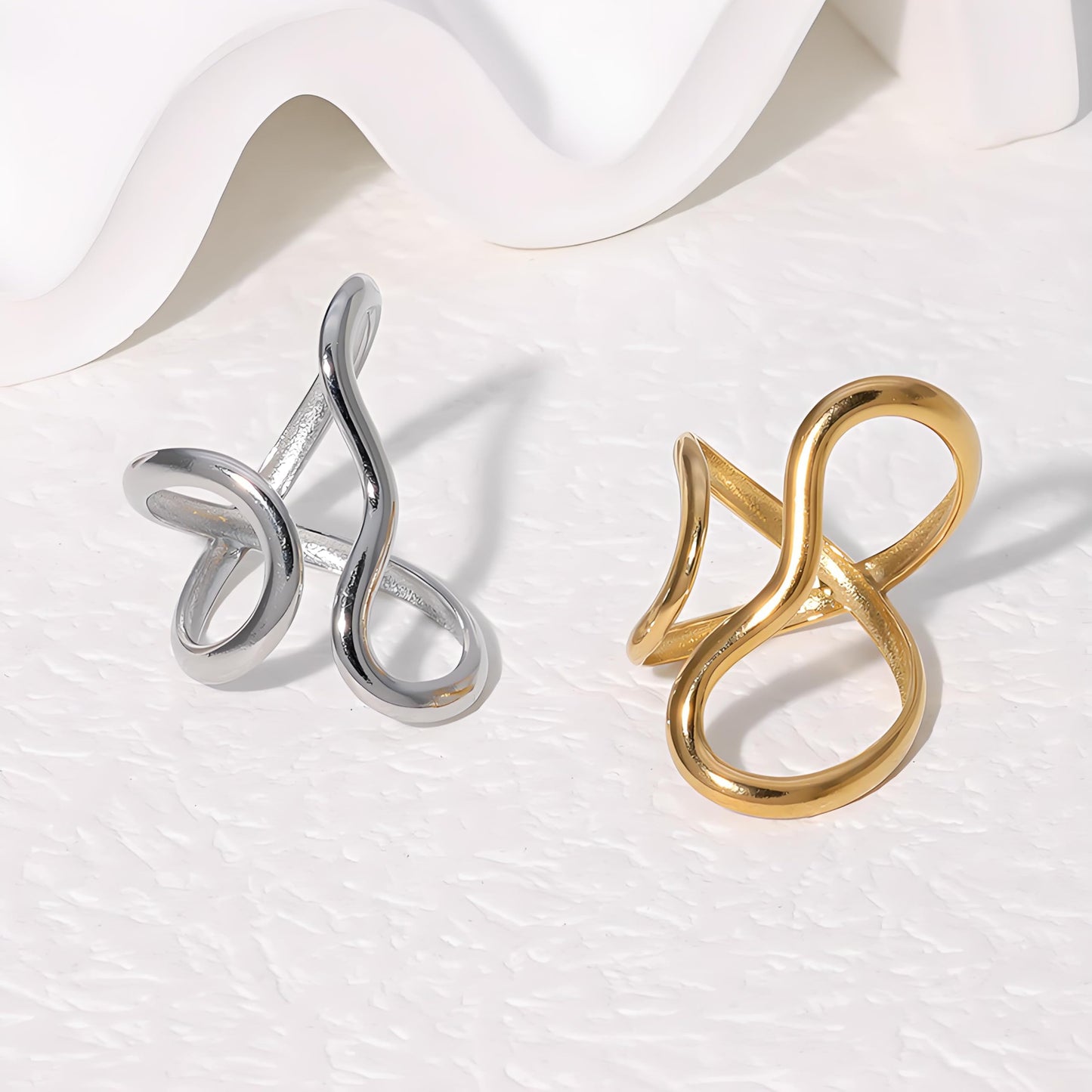 AIETUE Chunky Rings For Women, Gold Silver Thumb Ring Asymmetrical Wavy Curve Ring Adjustable Non Tarnish Dainty Stainless Steel New Year Anniversary Birthday Jewelry Gift (Wavy Silver 2Pcs)