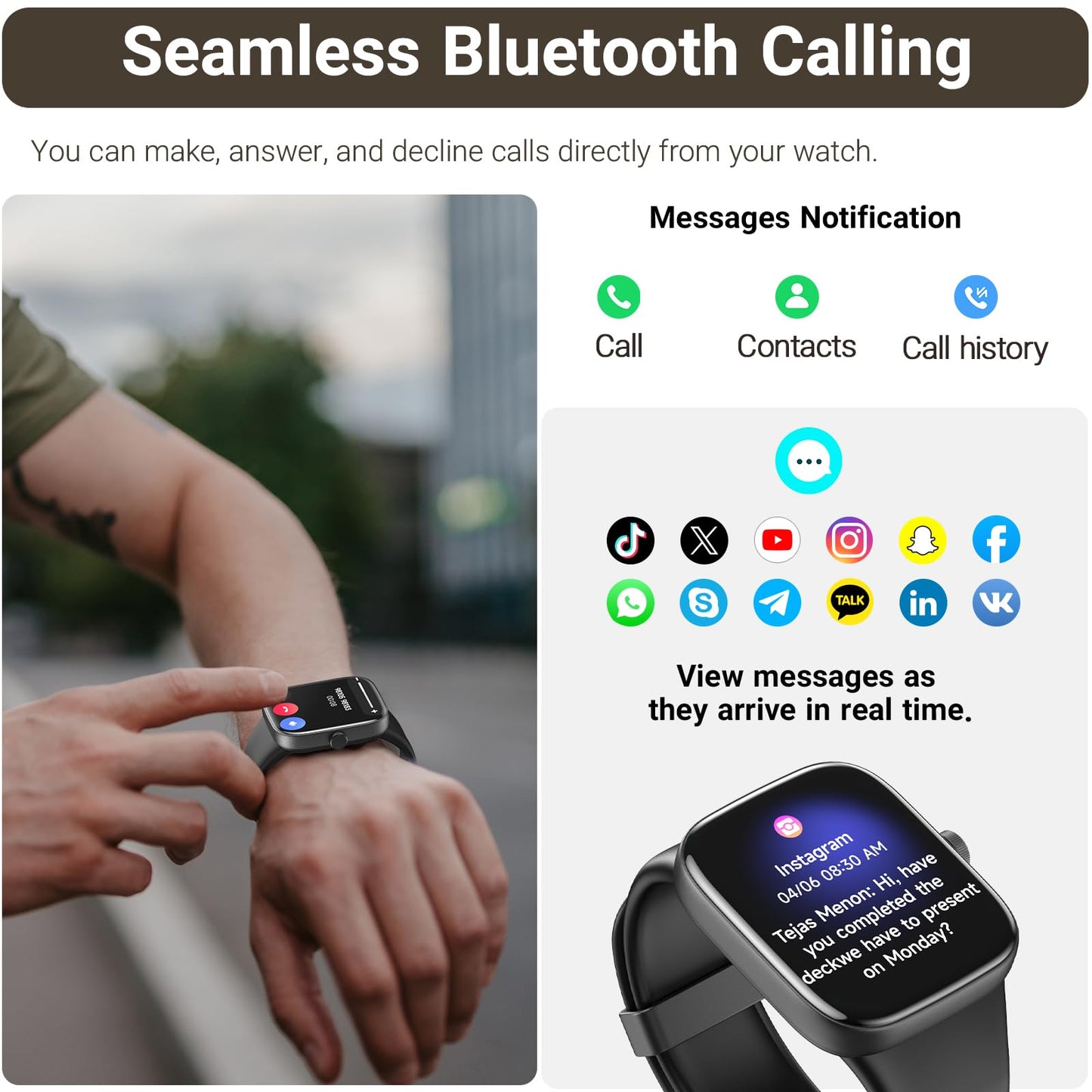 TOZO AMOLED S7 Smart Watch Bluetooth Call 1.85 Inch Ultra HD Screen, Dynamic Dials Messages Push 100+ Sports Modes, Detect Human Health Sleep Monitor with High Battery Life, Touch Function