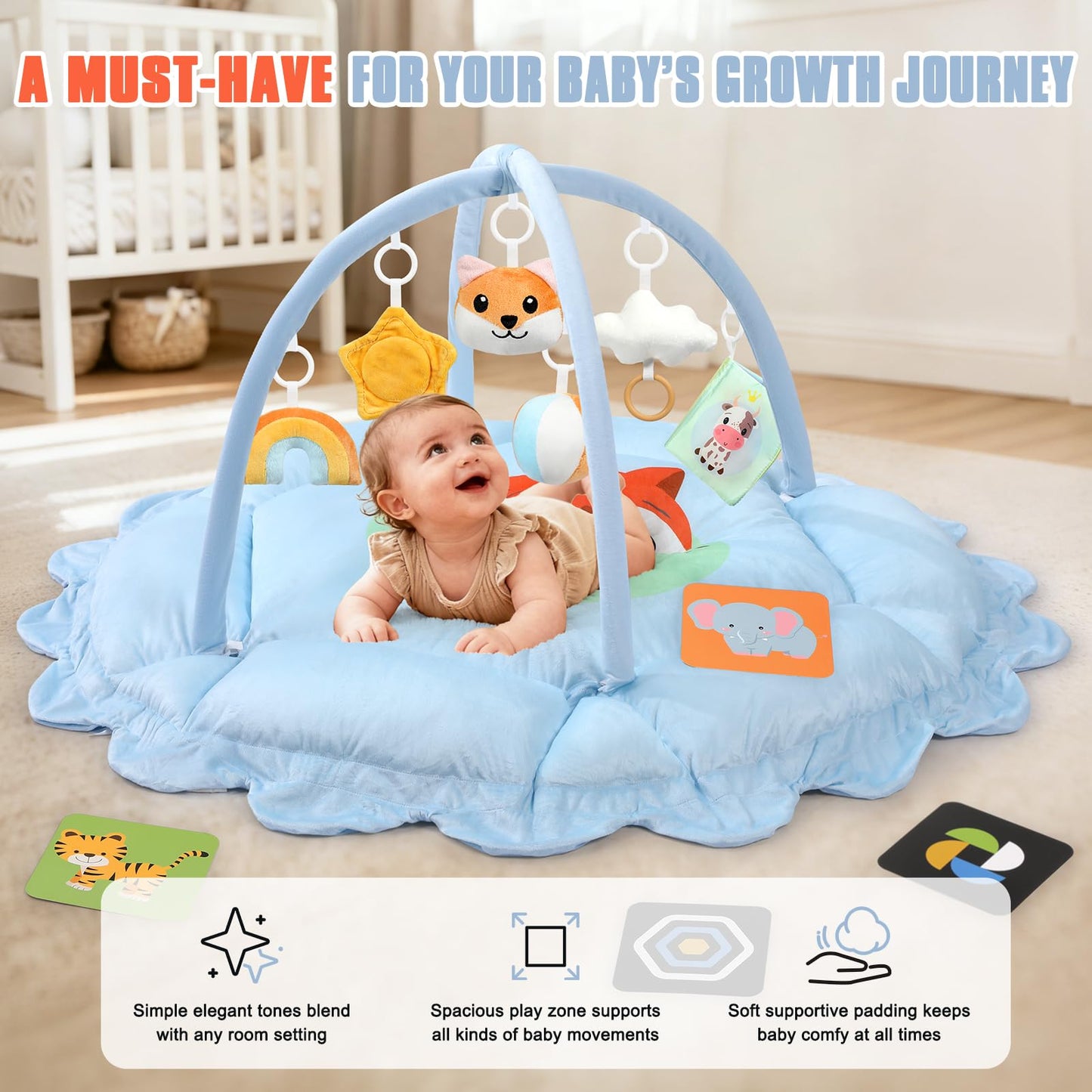 5-in-1 Baby Gym Play Mat with Cartoon Pattern, Extra Thick Plush Tummy Time Activity Gym with Hanging Toys, Sensory Development & Motor Skills Training Floor Mat, Fox