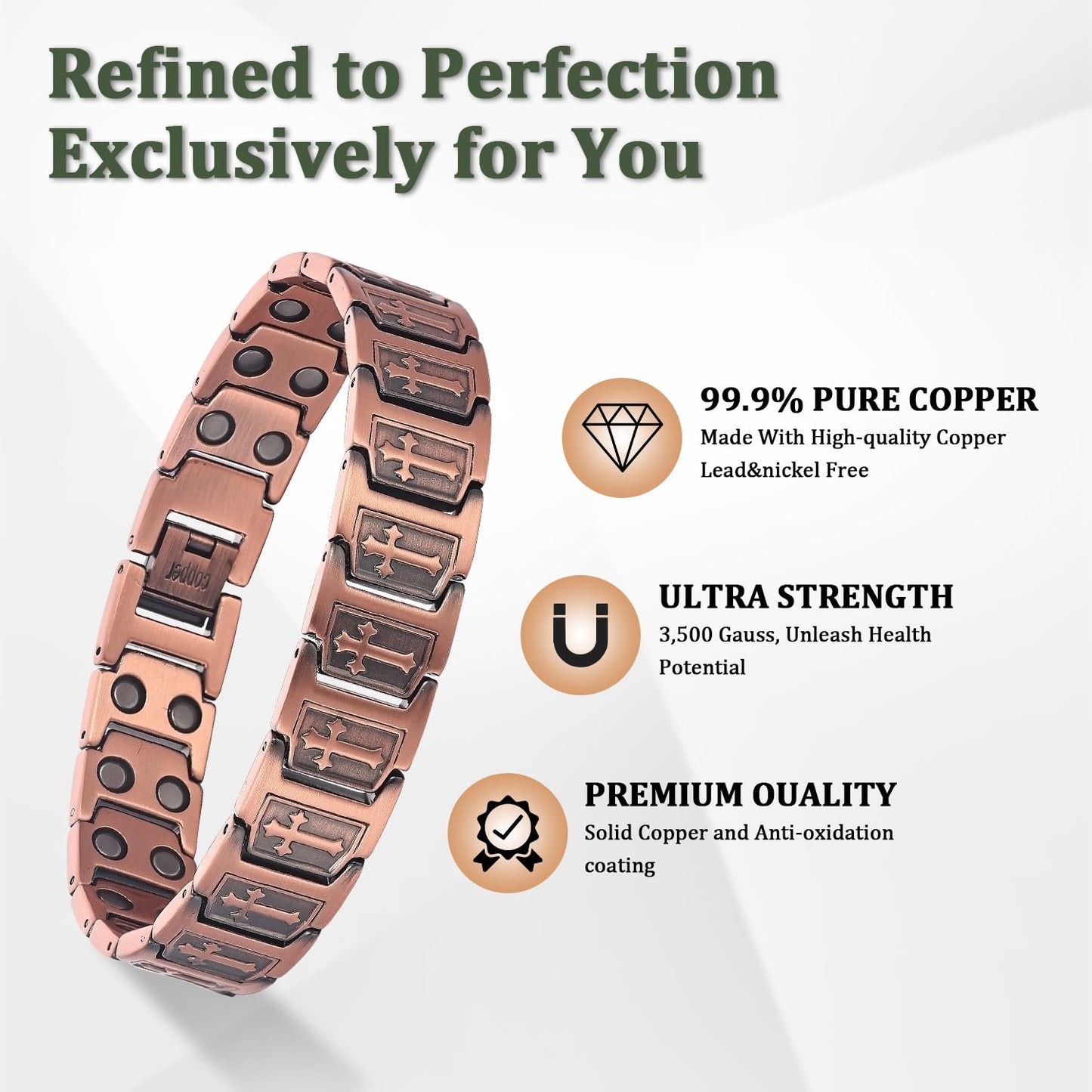 Fashtour Copper Cross Bracelet for Men, Ultra Strength Cross Bracelet With Ring Include Adjustable Link, Jewelry Gift
