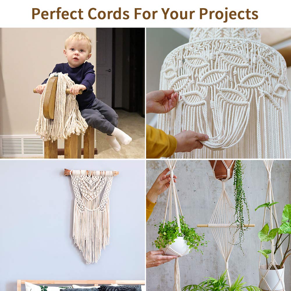 Macrame Cord 5mm x 165Yards, Natural Cotton Macrame Rope - 3 Strands Twisted Macrame Cotton Cord for Wall Hanging, Plant Hangers, Crafts, Gift Wrapping and Wedding Decorations