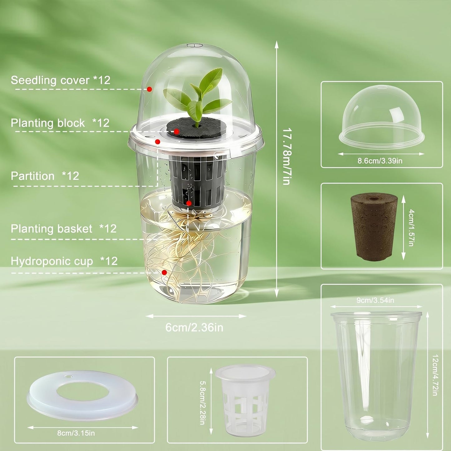 BLUASPAY 12 Pack Transparent Hydroponic Cups with Humidity Domes, 5in1 Hydroponics Growing System Kit, Clear Self Watering Planters for Indoor Plants, Herbs, Seed Starting, Root Monitoring