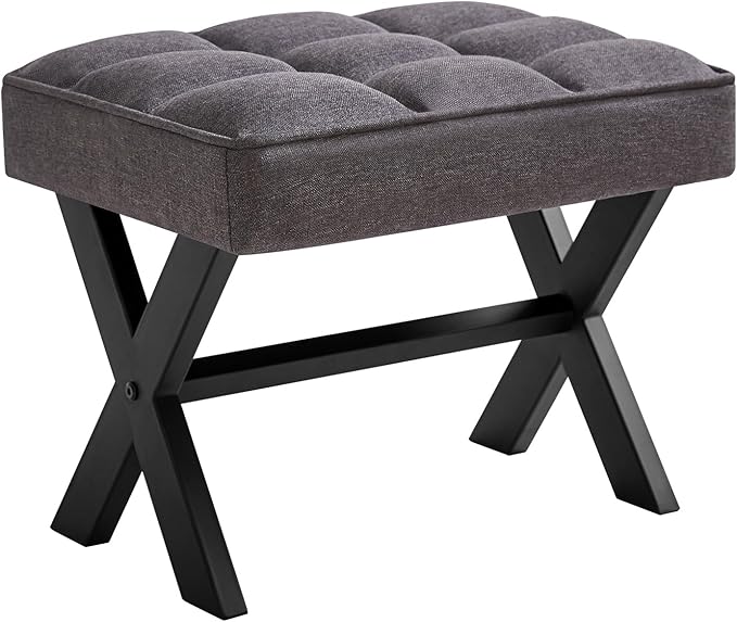 IBUYKE Small 12" H Footrest, Square Linen Foot Stool with Metal X-Leg, Multi-Use as Small Side Table, Step Stool for Living Room, Bedroom, Entryway, Office, Dark Gray WBD011G
