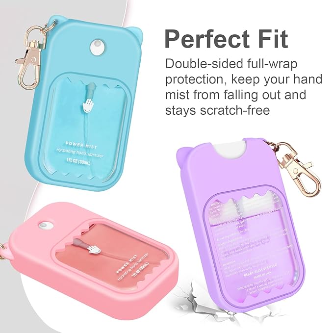 3Pcs Hand Sanitizer Spray Case for Touchland Silicone Touchland Case Keychain Cute Hand Sanitizer Spray Holder Compatible with Touchland Power Mist Gentle Mist Glow Mist (Pink & Purple & Blue)