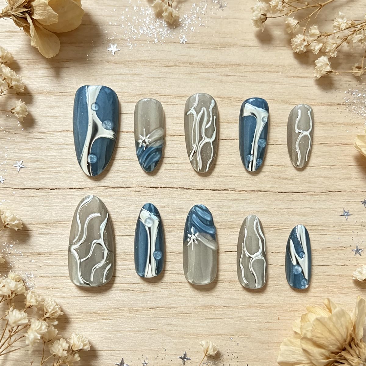 3D Press On Nails Almond Medium Fake Nails with Cat's Eye Glossy Relief Lines High-end Designs, Acrylic Artificial Nail Press ons False Stick On Nails for Women Girls 30Pcs