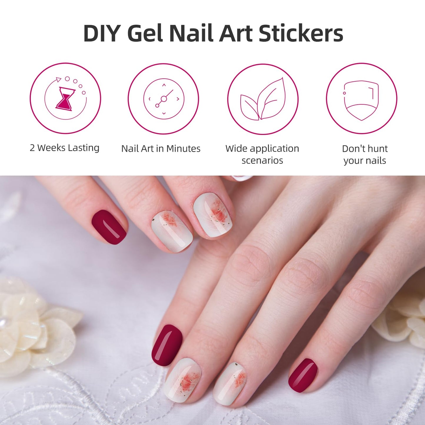 DUKASOU Semi Cured Gel Nail Strips, 56Pcs Fall Gel Nail Stickers/Wraps, Long Lasting UV Nail Polish Strips for Adults（Red+Wine Red）
