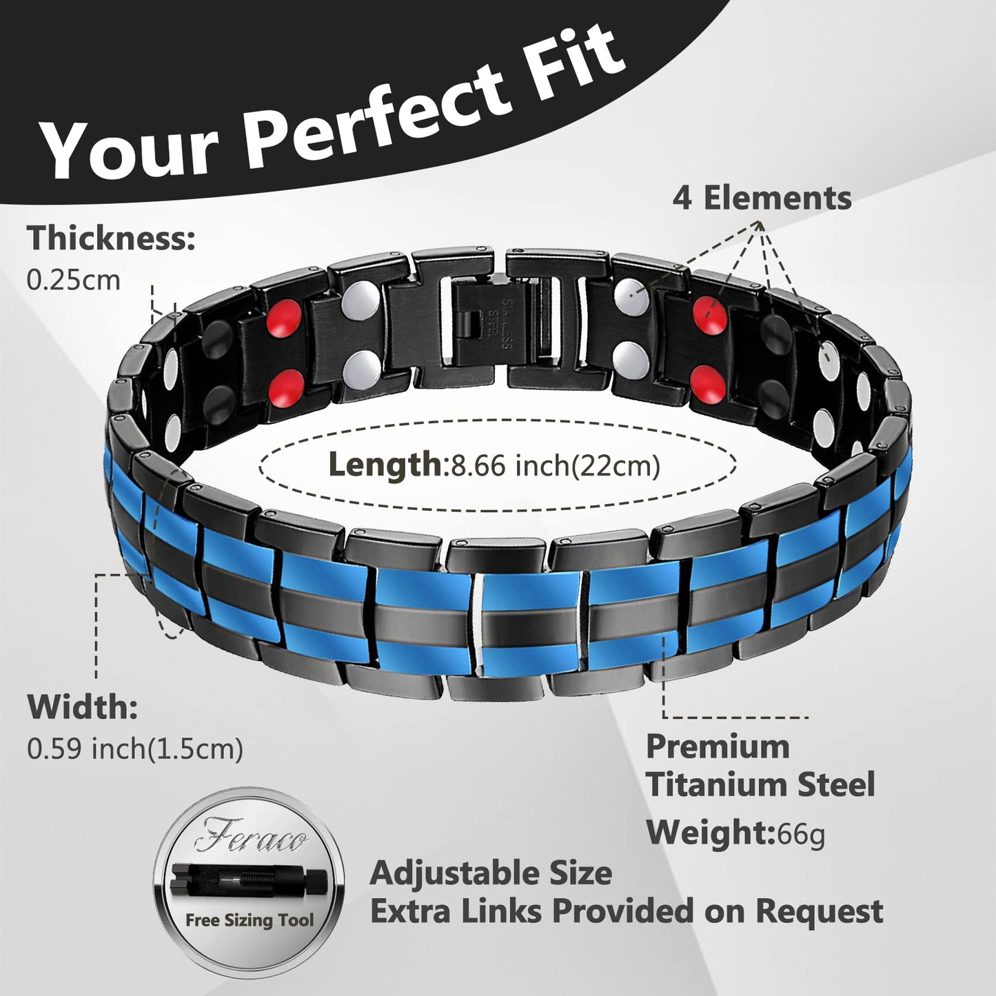 Feraco Mens Magnetic Therapy Bracelets Titanium Steel Bracelet with Double Row 4 Elements Magnets,Men's Jewelry for Anniversary Father's Day