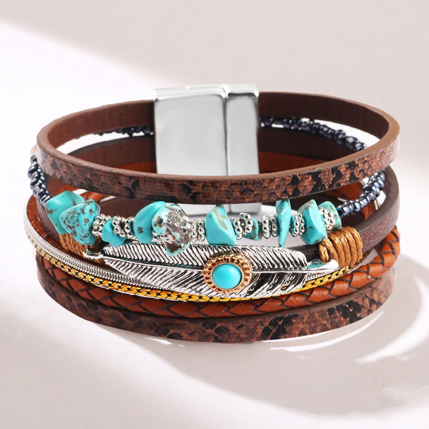 Leopard Bracelet for Women, Boho Leather Wrap Multi-Layer Pearl Crystal Bracelet Bangle Jewelry (Feather(Brown))