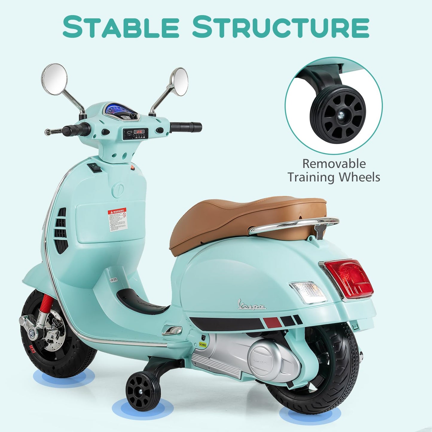 Licensed Vespa 12V Kids Motorcycle by INFANS with Training Wheels, Music, Story, Horn, Lights for 3-6 Years (Green)