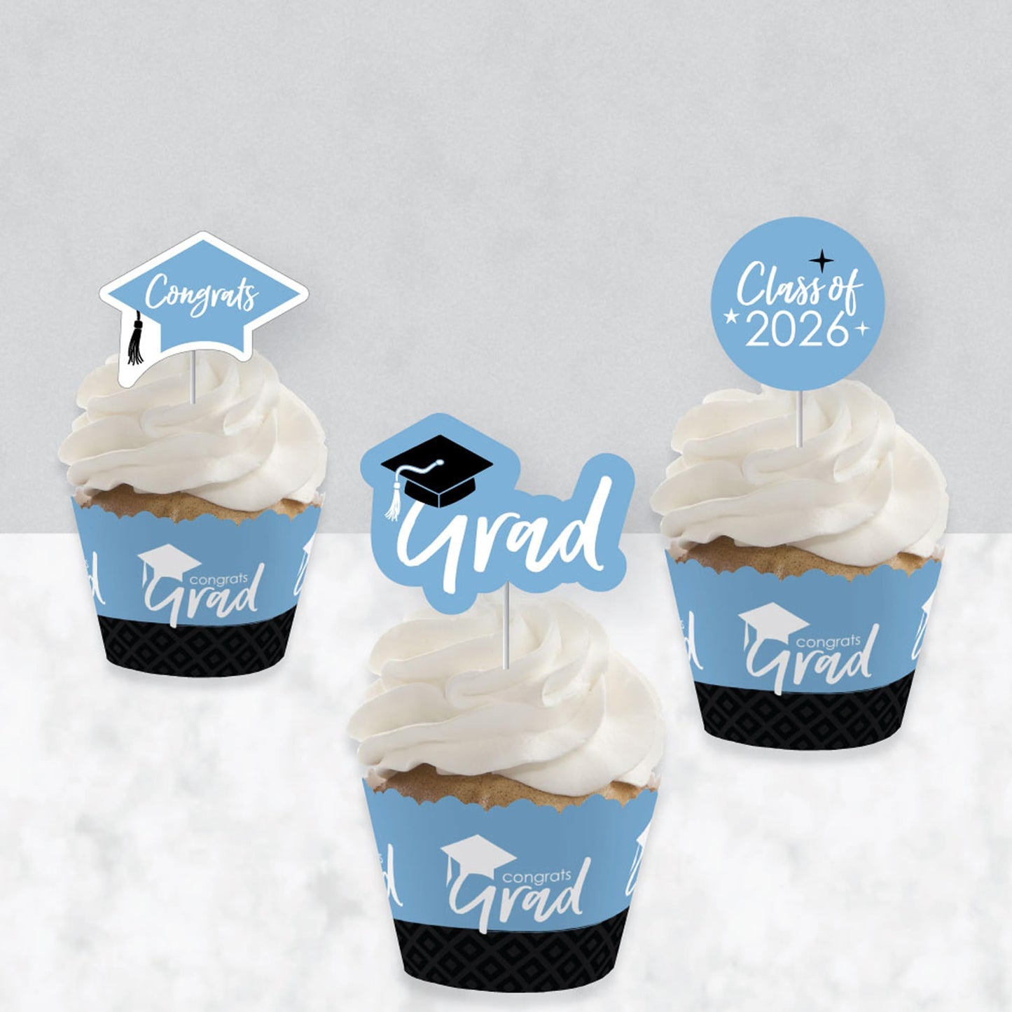 Big Dot of Happiness 2026 Light Blue Graduation Cupcake Decoration - Party Cupcake Wrappers and Treat Picks Kit - Set of 24