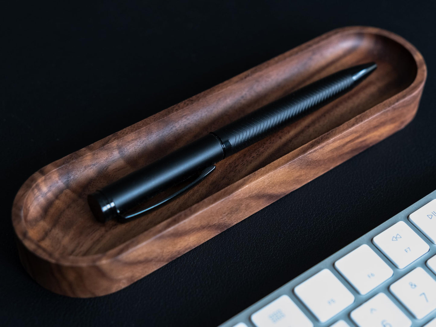 Timber Box Design Walnut Wood Pen Tray, Minimalist Oval Wooden Pencil Holder, Office Desk Organizer, Writing Instrument Rest, Work Student Teacher Gift