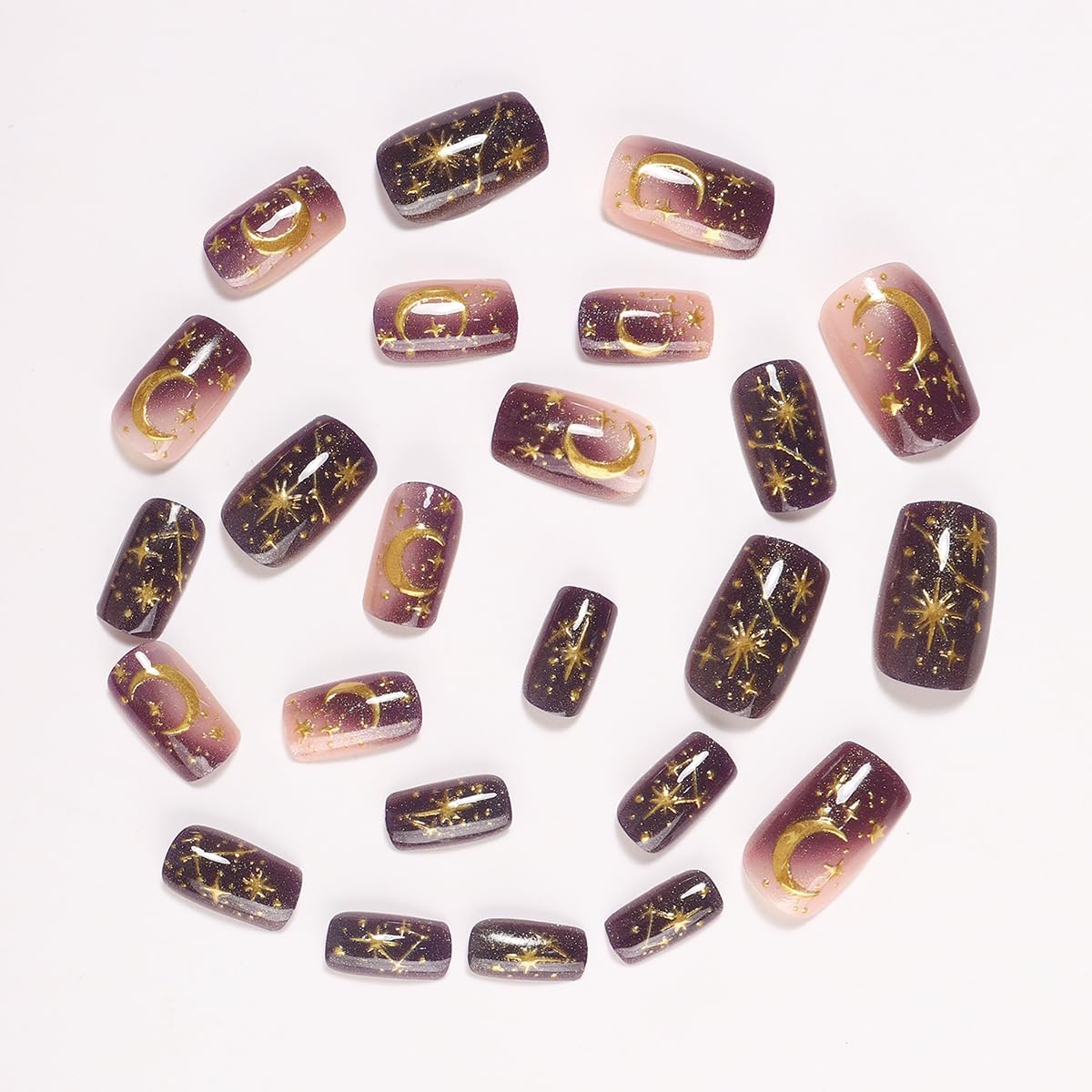 Purple Star Sky Press on Nails Medium Square Fake Nails Gold Stars Moon False Nails Purple Gradient Acrylic Nails for Women Manicure Decoration 24Pcs