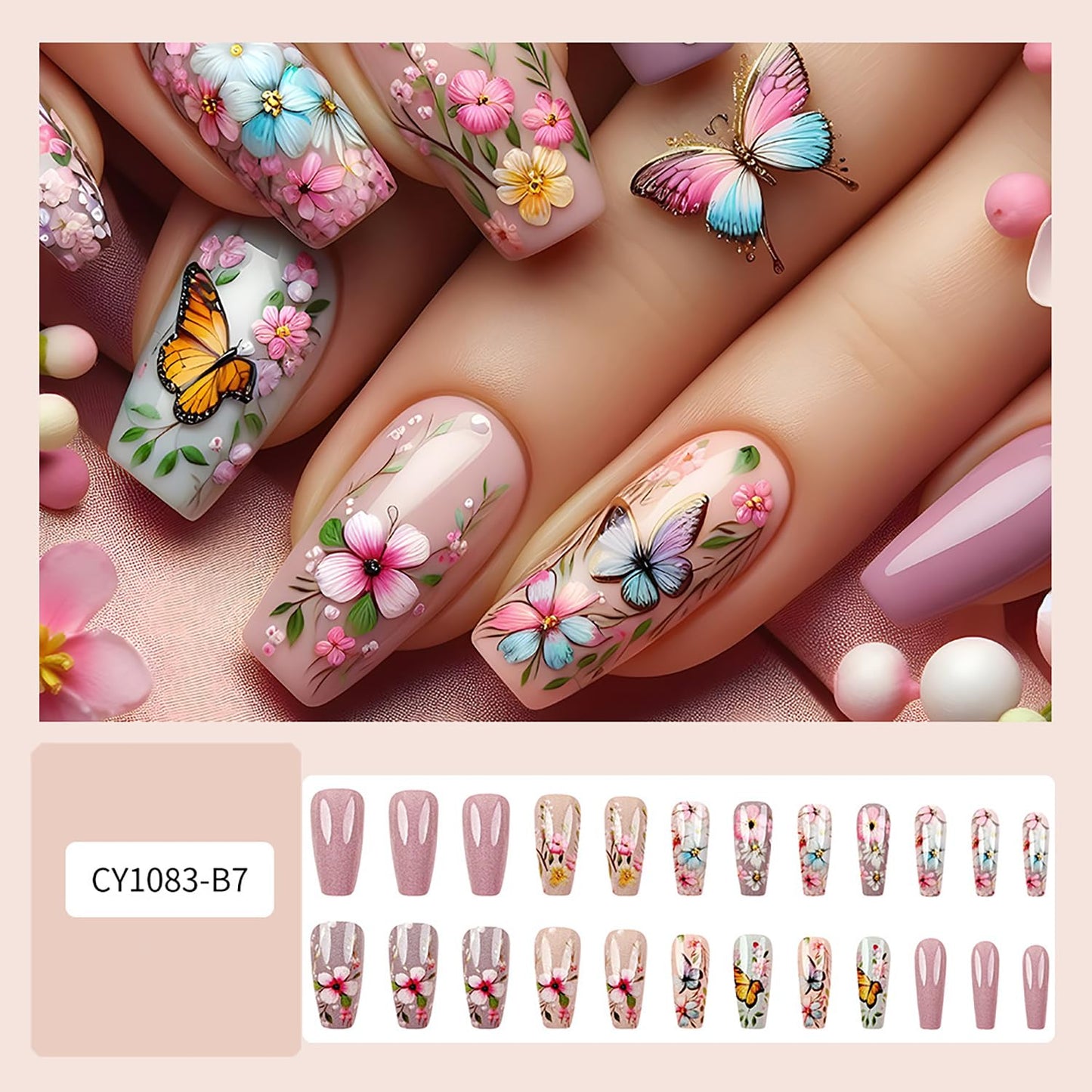 24Pcs Flower Press on Nails Medium Ballet Shaped Full Cover Glossy Artificial Stick on Nail Colrful Floral Butterfly Pattern Design Spring False Nail Reusable Acrylic Press Ons Glue on Nails for Women