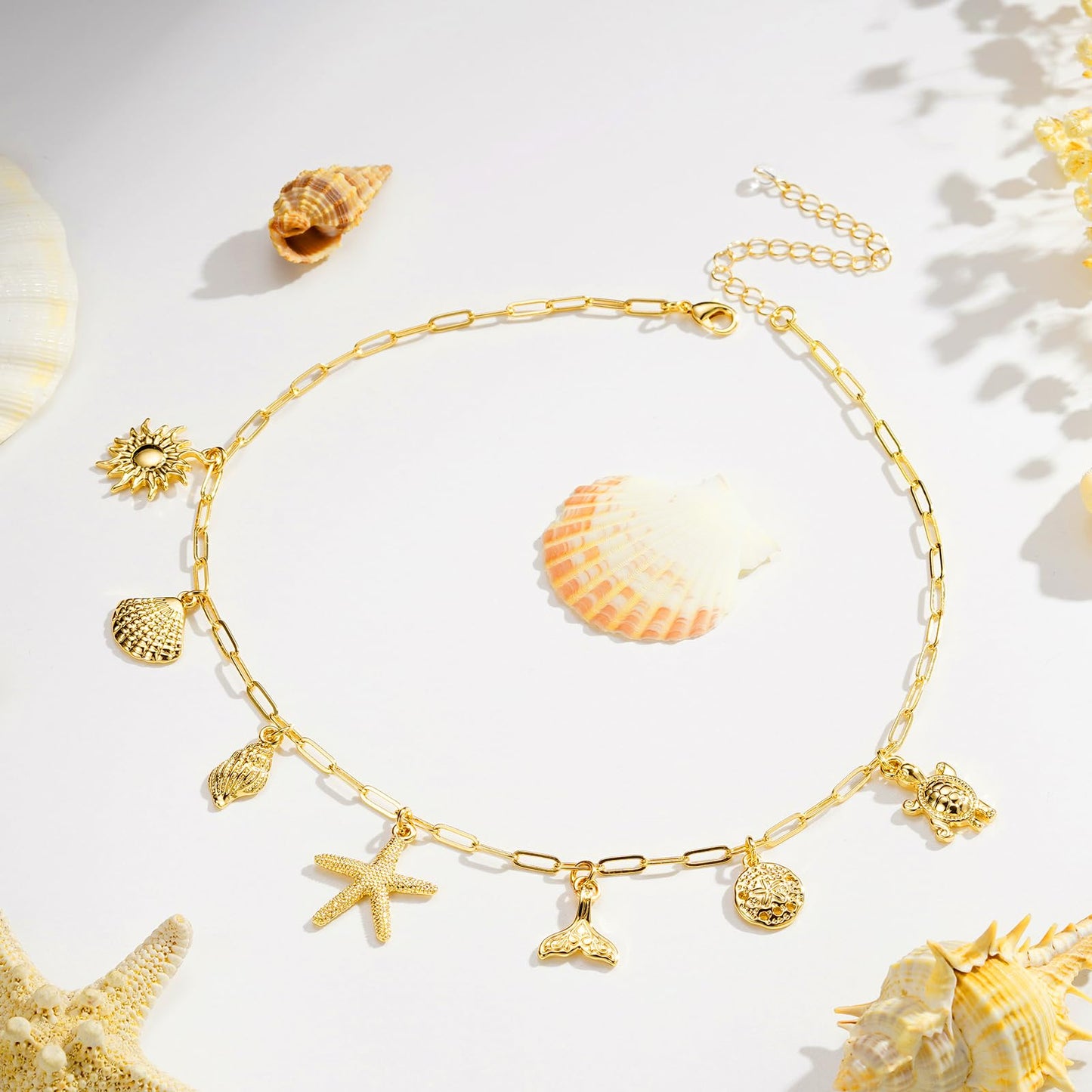 Lydow Charm Necklace for Women, Shell Beach Summer Sun Starfish Turtle Necklaces Pendant Seashell Boho Jewelry Gifts Paperclip Chain Beachy Her