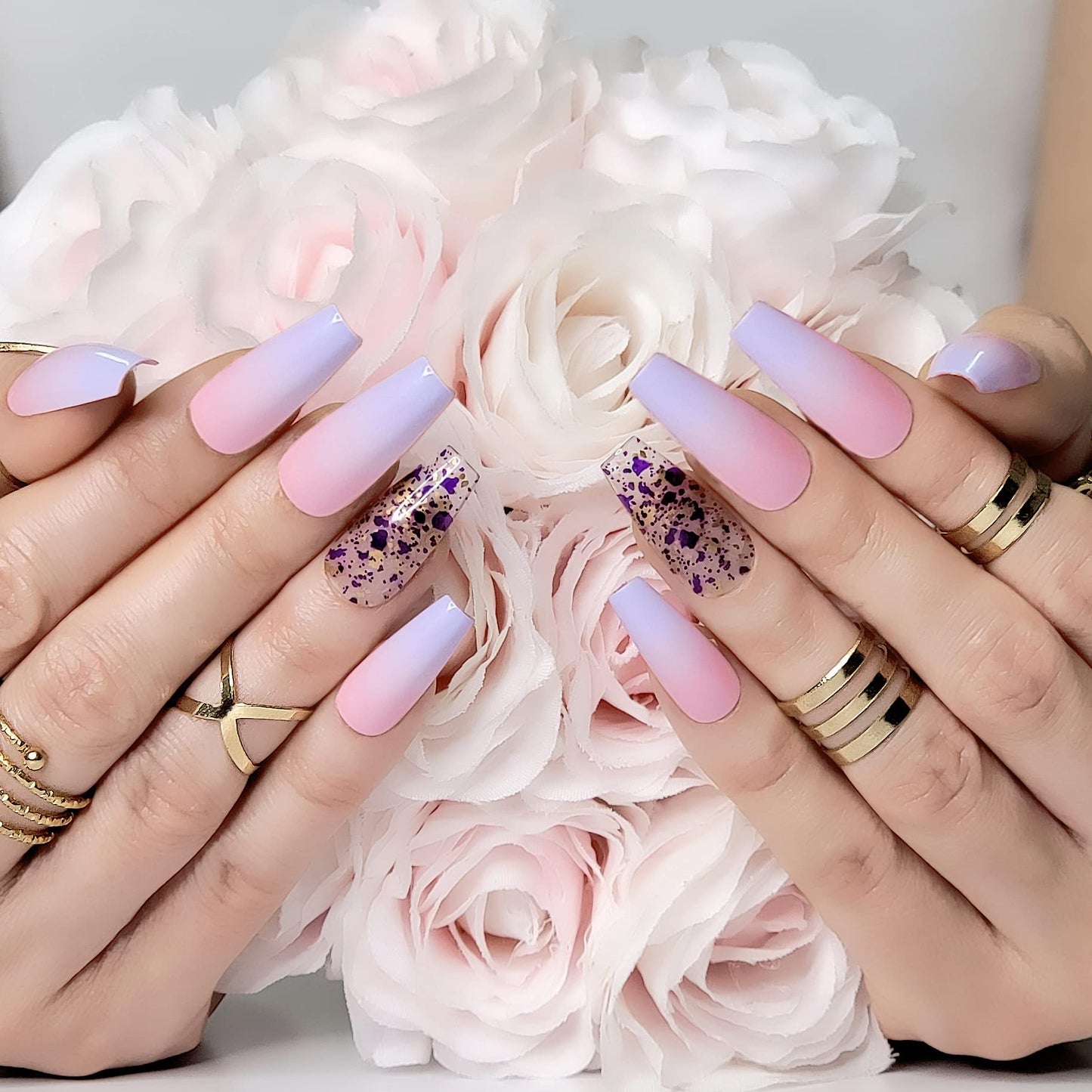 Hypnaughty Rio 24pcs Long Coffin Press-on Nails, Pink to Purple Ombre with Transparent Gold Design, ABS Material, Full Set with Glue