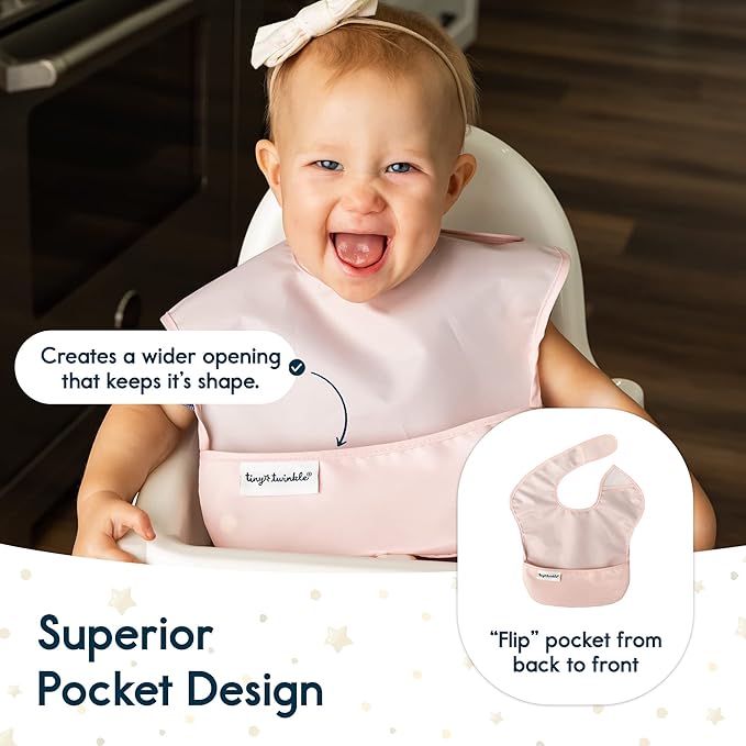 Tiny Twinkle Mess-Proof Baby Bibs for Eating | Waterproof, Wipeable Toddler Bibs with Catch-All Pocket | Feeding Bibs for Girls & Boys(5 Pack,Girl Solids)